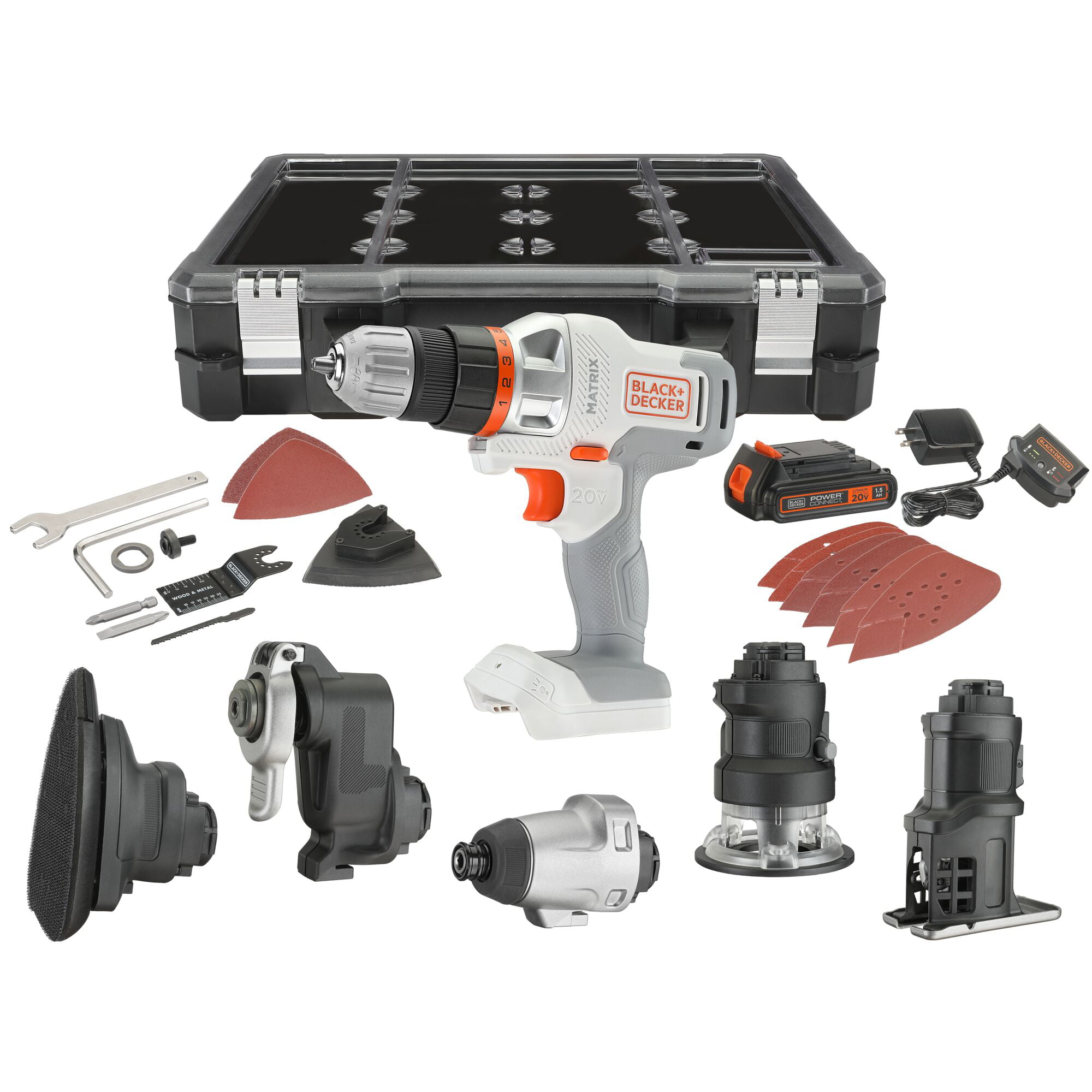 BLACK+DECKER 20V Max Matrix Cordless Combo Kit. 6-Tool. White and Orange. Model BDCDMT1206KITWC