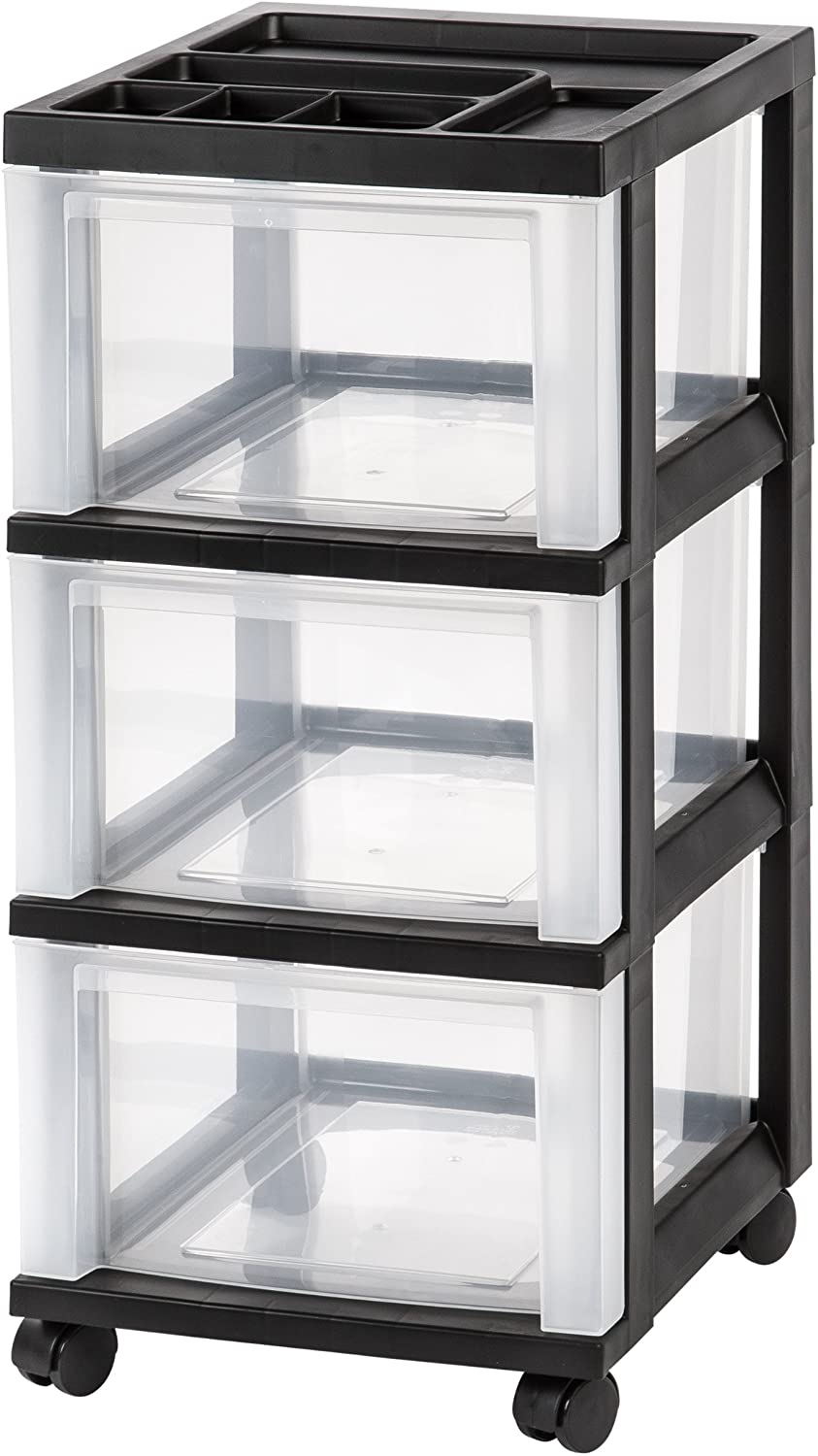 IRIS USA MC Plastic Storage Drawer. Rolling Cart with Organizer Top. 3. Black