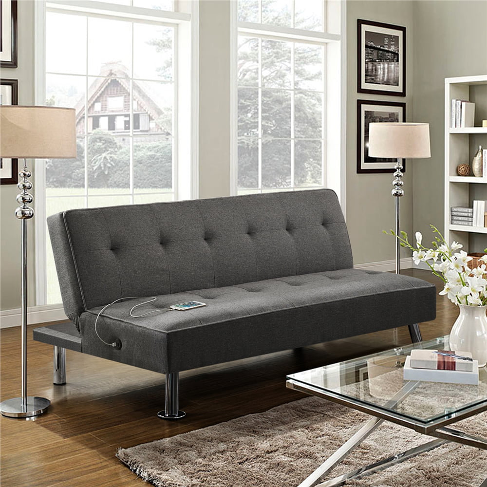 Alden Design Modern Fabric Convertible Futon with USB. Charcoal