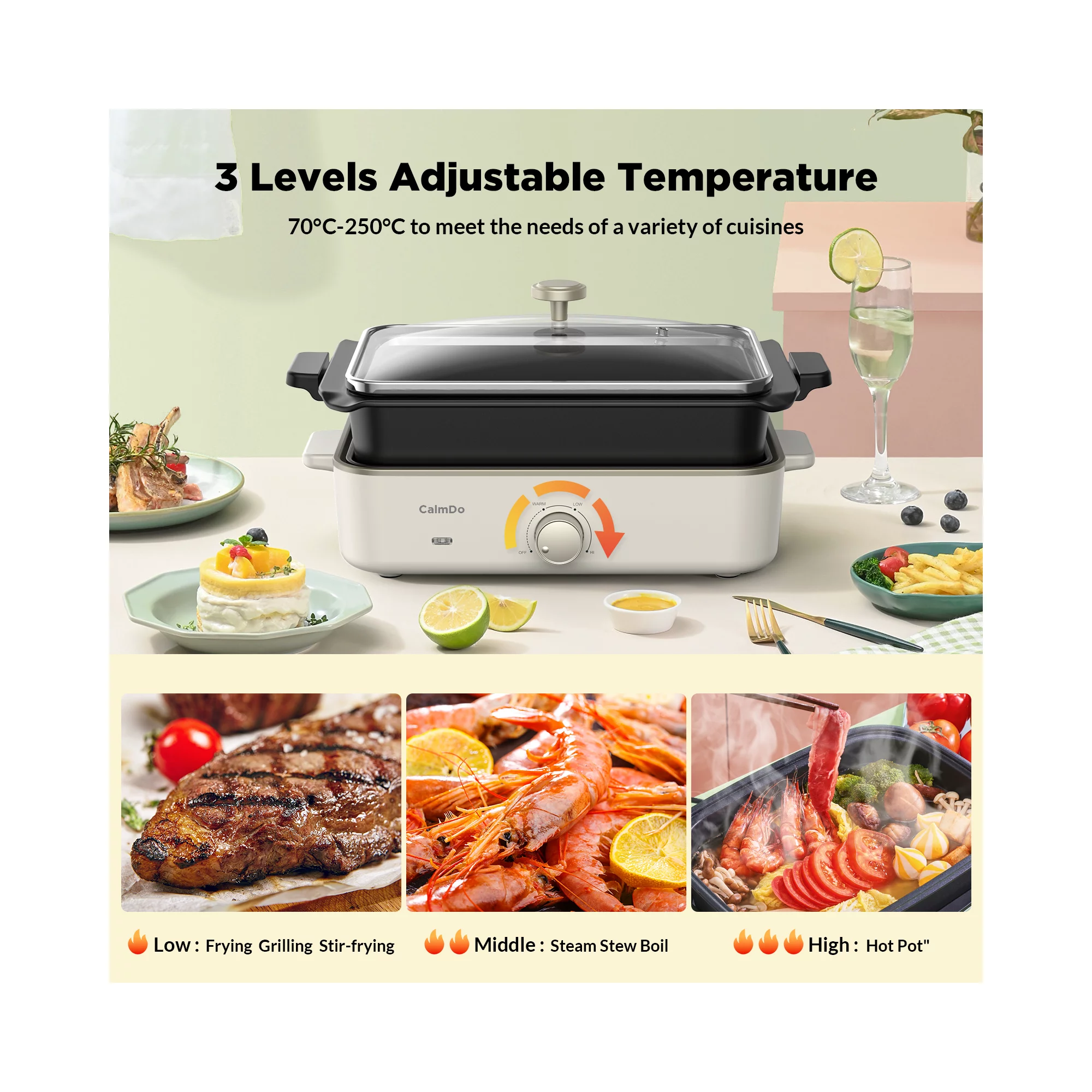 CalmDo Electric Skillet Grill Combo. 1400W Multi-functional 3 in 1 Griddle with Tempered Glass Vented Lid. Adjustable Temperature. White
