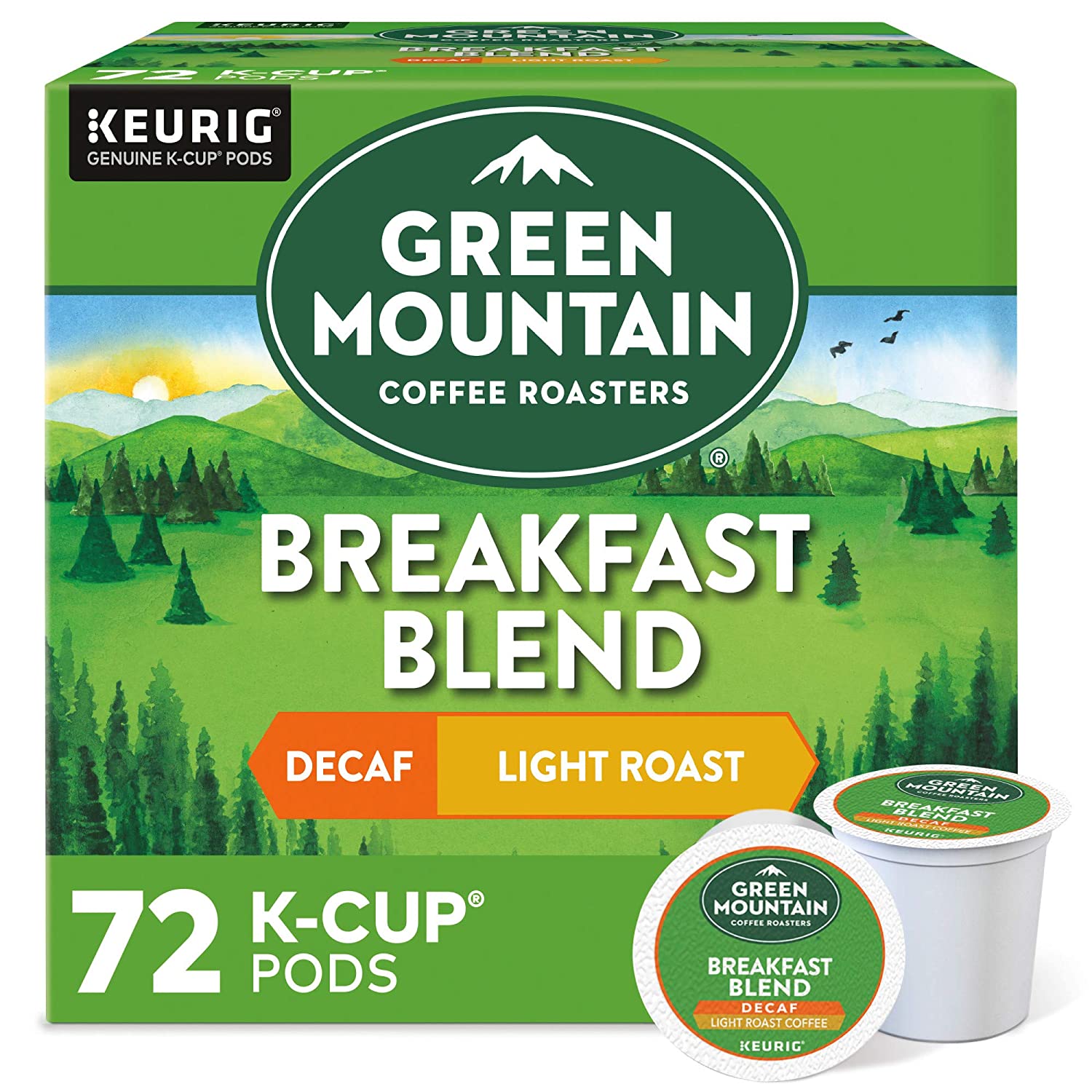 Green Mountain Coffee Roasters Breakfast Blend Decaf. Single-Serve Keurig K-Cup Pods. Light Roast Coffee. 72 Count