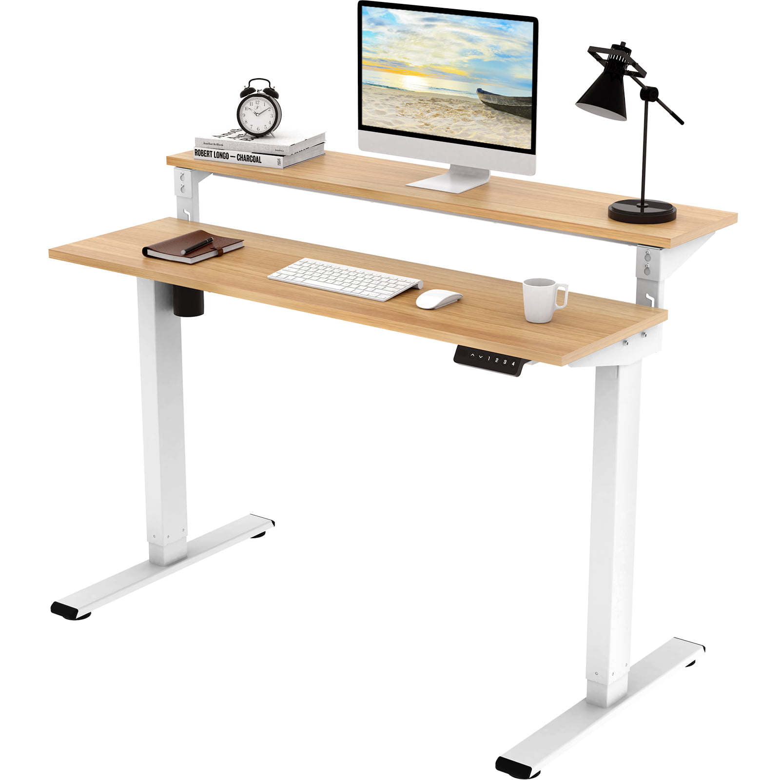 FlexiSpot 48″x24″ 2-Tier Home Office Height Adjustable Standing Desk Oak Top and White Frame