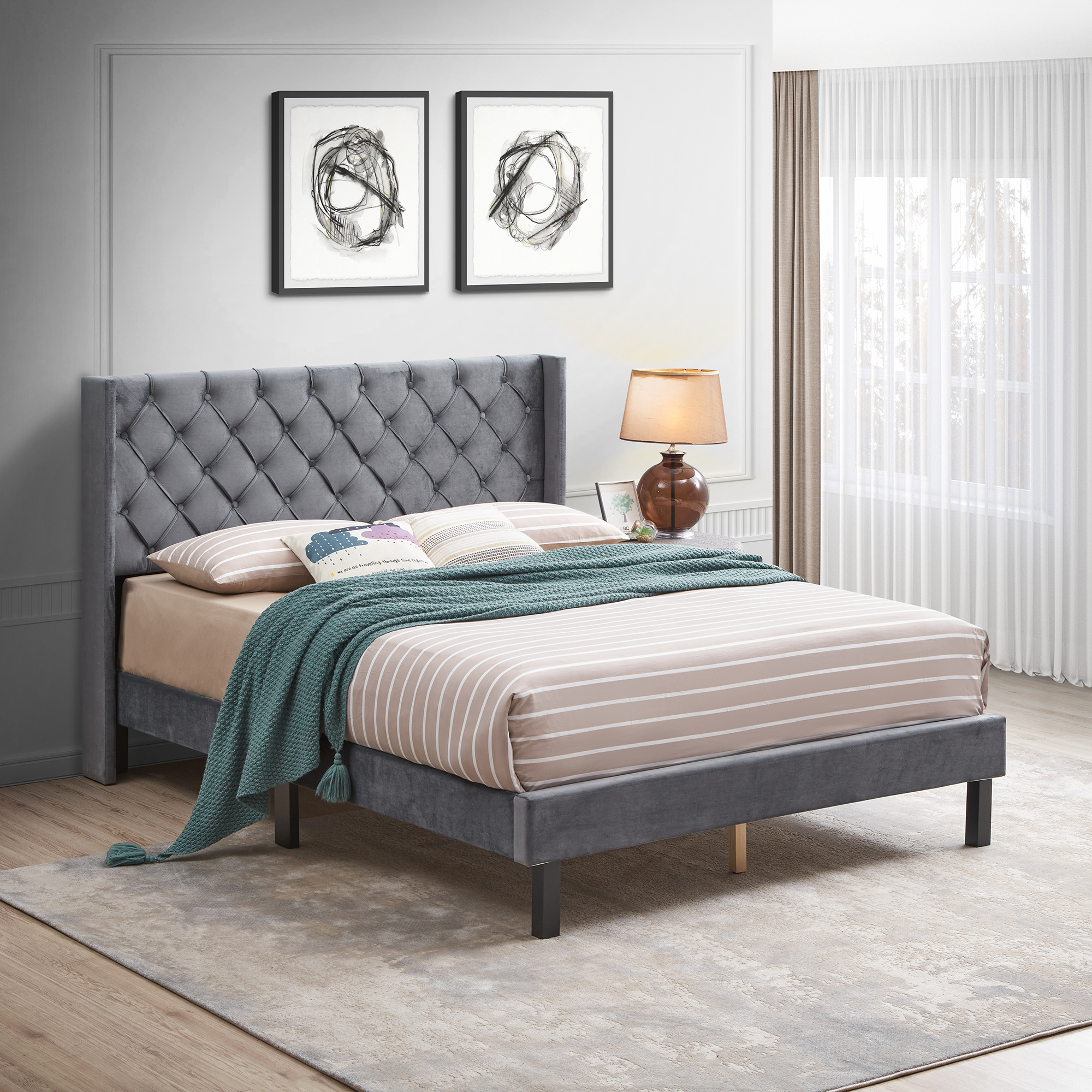 NC Velvet Button Tufted-Upholstered Bed with Wings Design - Strong Wood Slat Support - Easy Assembly - Gray. Queen. Platform Bed