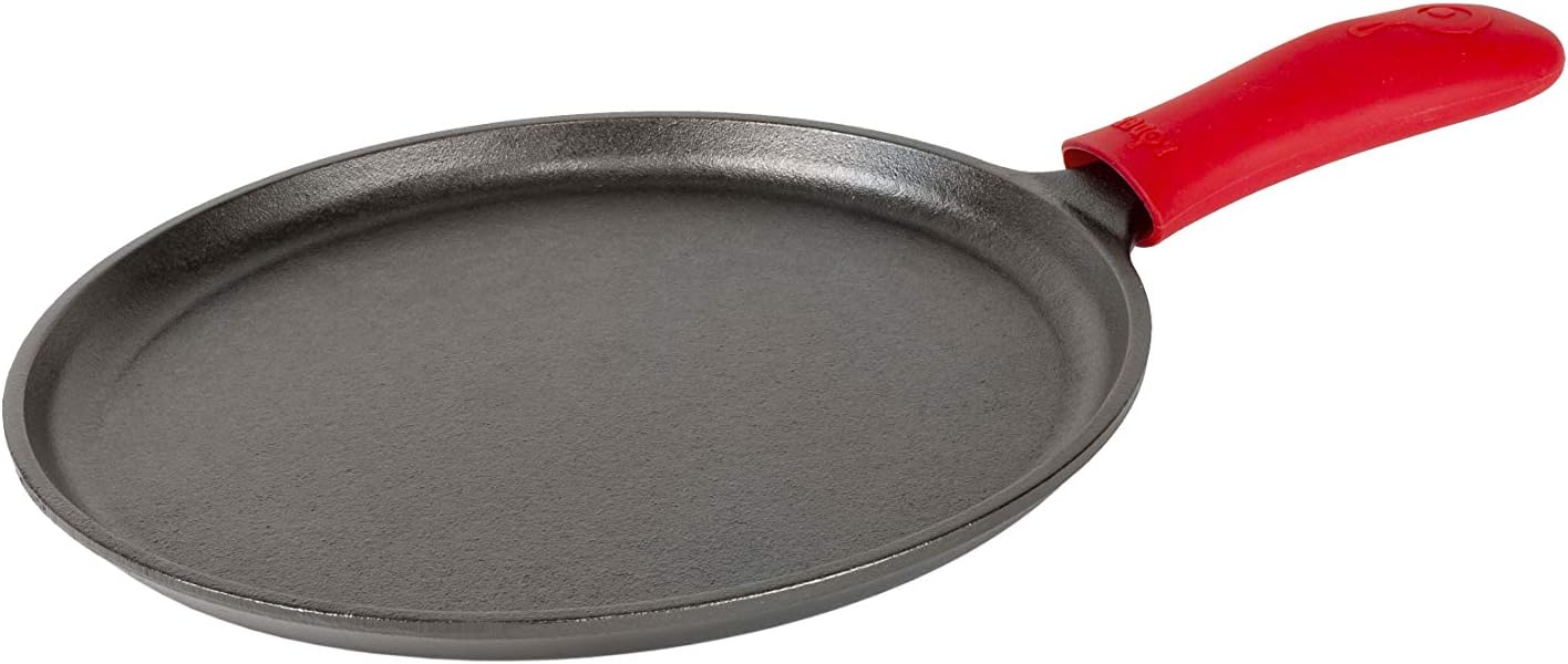 Lodge Cast Iron Round Griddle with Red Silicone Hot Handle Holder. 10.5-inch