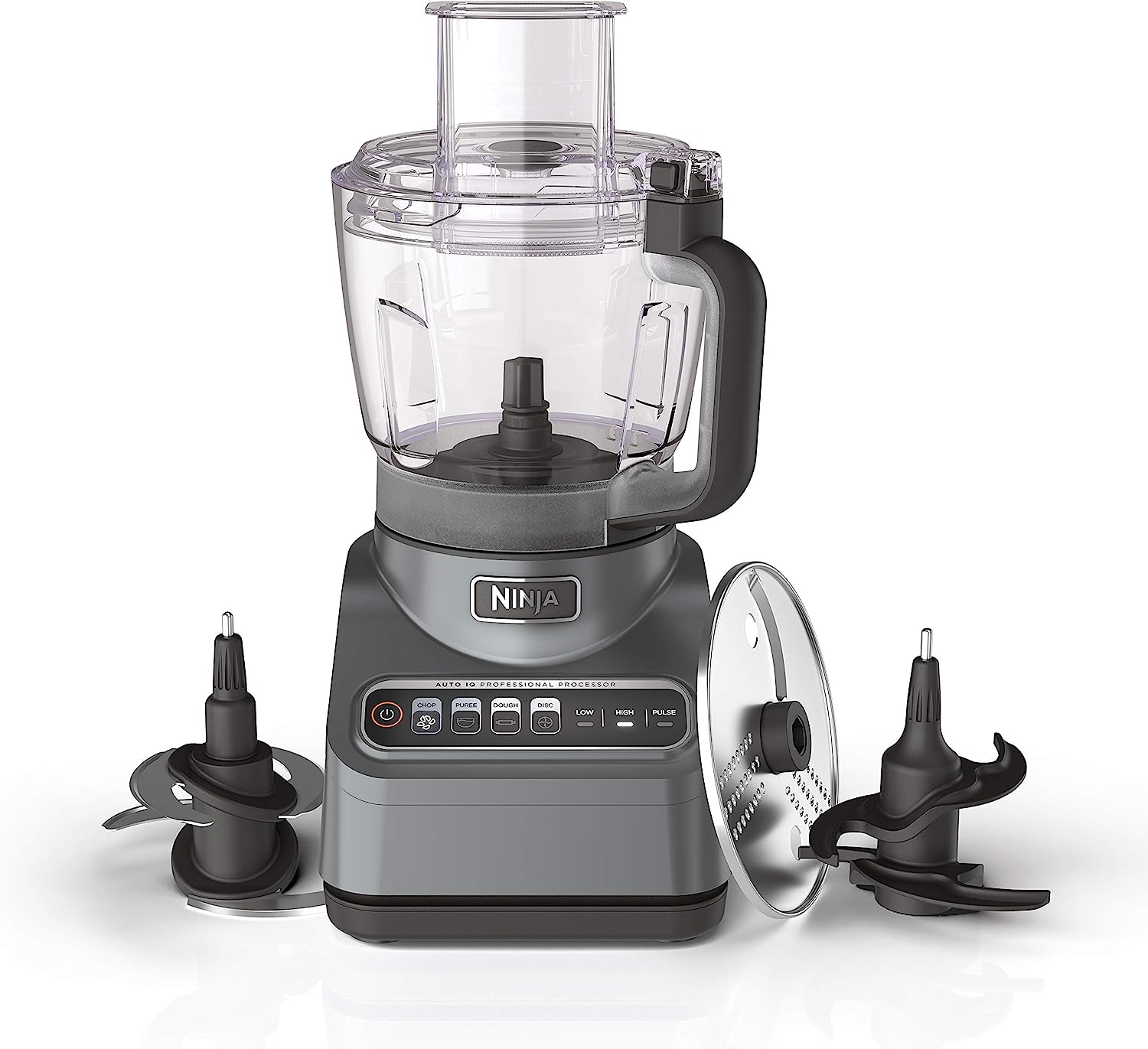 Ninja BN601 Professional Plus Food Processor. 1000 Peak Watts. 4 Functions for Chopping. Slicing. Purees & Dough with 9-Cup Processor Bowl. 3 Blades. Food Chute & Pusher. Silver