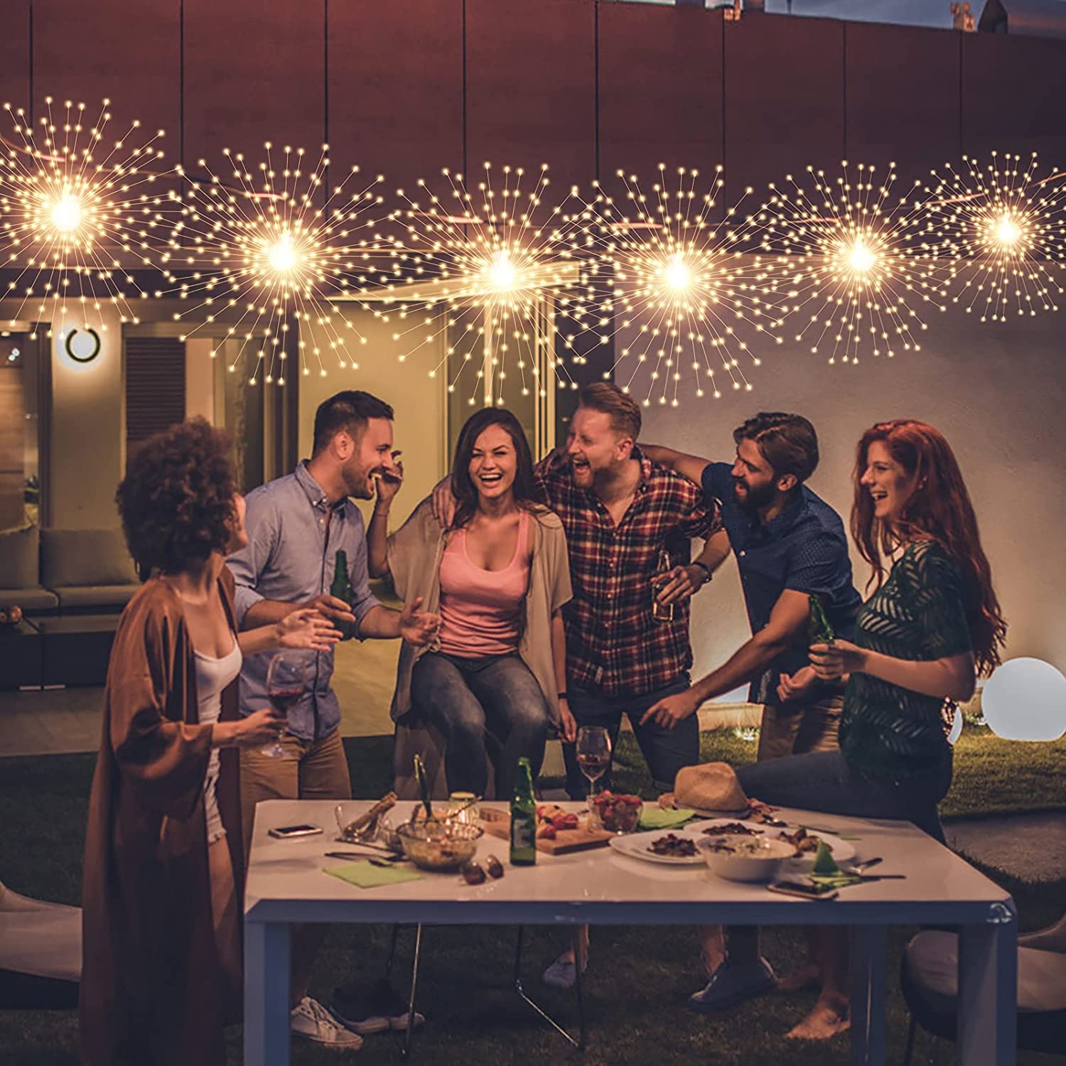 PXBNIUYA 5 Pack Solar Starburst Sphere Lights.200 LED Firework Lights. 8 Modes Dimmable Waterproof Hanging Fairy Light. Copper Wire Lights for Patio Parties Christmas (Warm White)