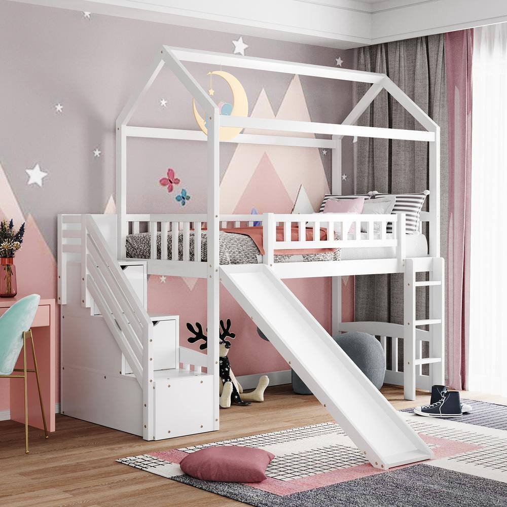 Harper & Bright Designs  White Twin Size Loft Bed with Two Drawers and House Bed with Slide