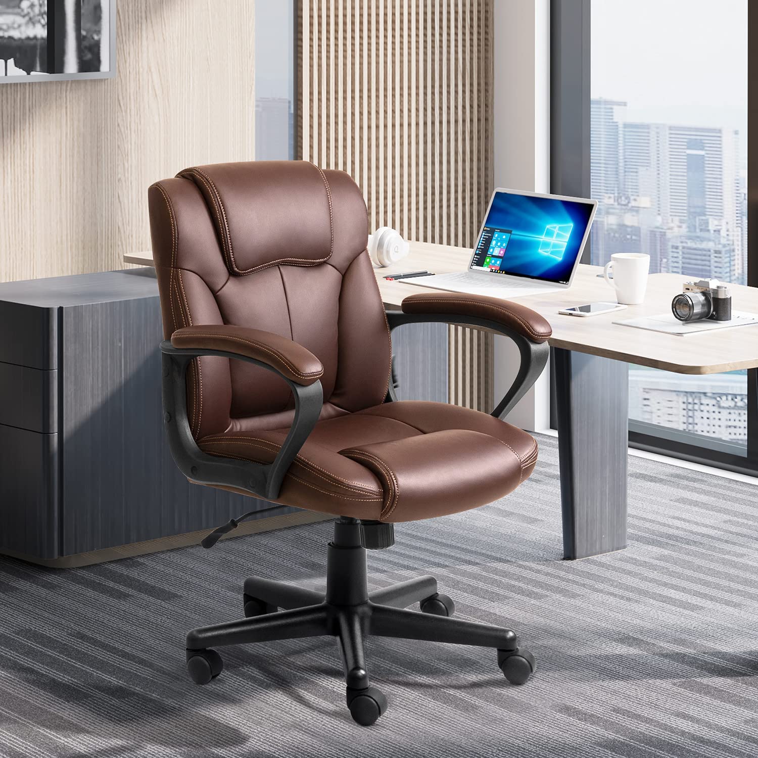 Lacoo Faux Leather Mid-Back Executive Office Desk Chair with Lumbar Support. Brown