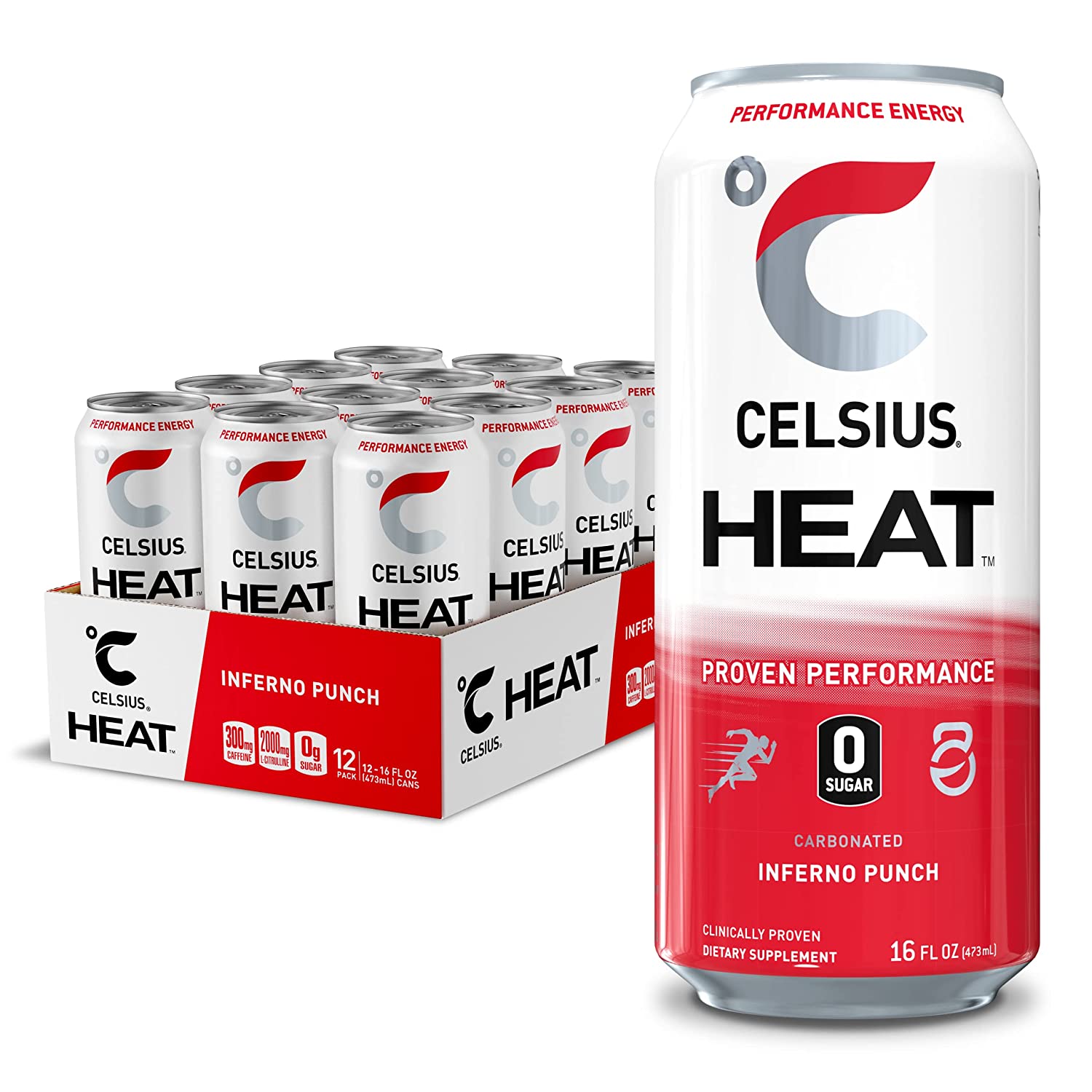 CELSIUS HEAT Inferno Punch Performance Energy Drink. Zero Sugar. 16oz. Can (Pack of 12)