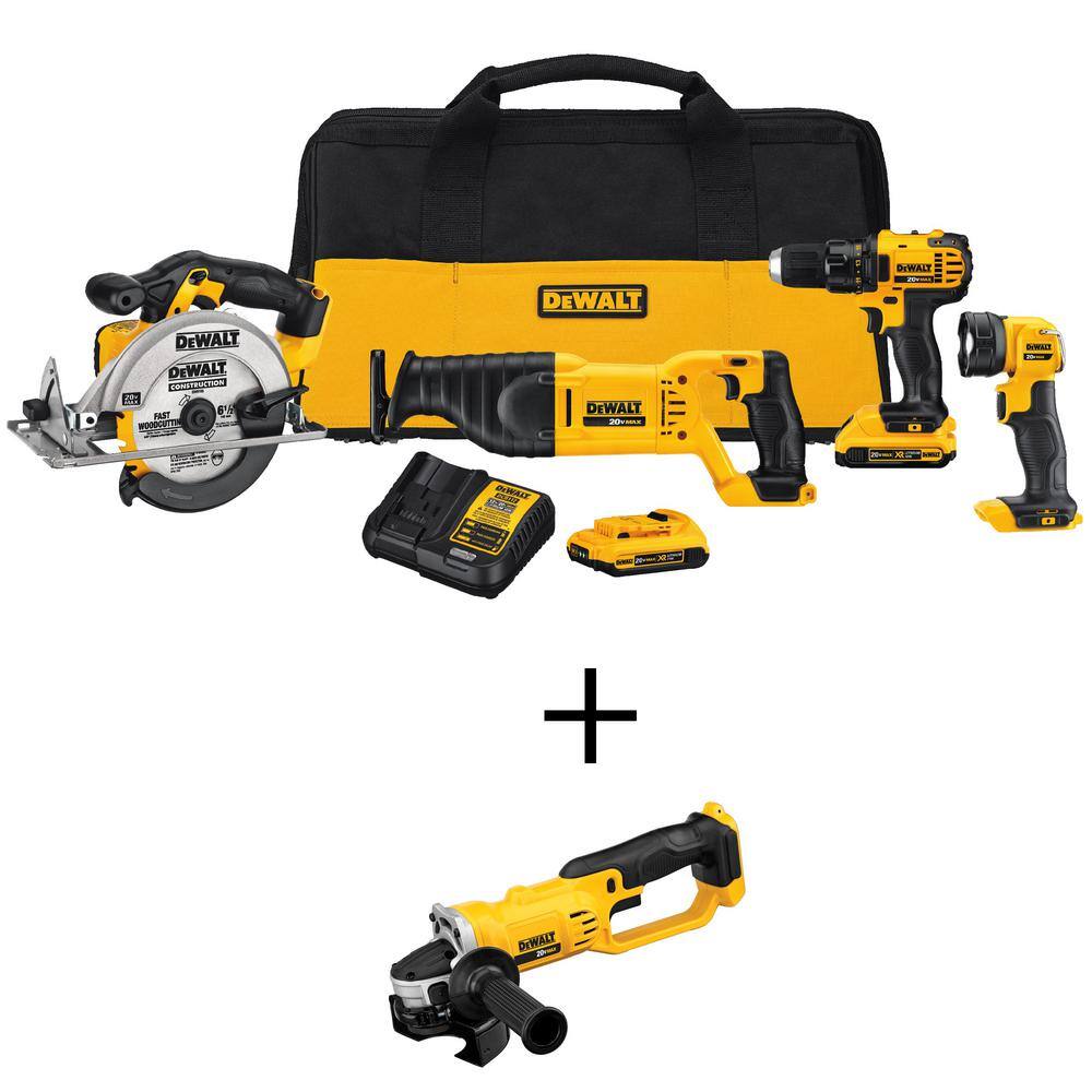 DEWALT DCK423D2W412 20V MAX Lithium-Ion Cordless 4 Tool Combo Kit. 20V MAX Cordless 4.5-5 in. Grinder. (2) 20V 2.0Ah Batteries. and Charger