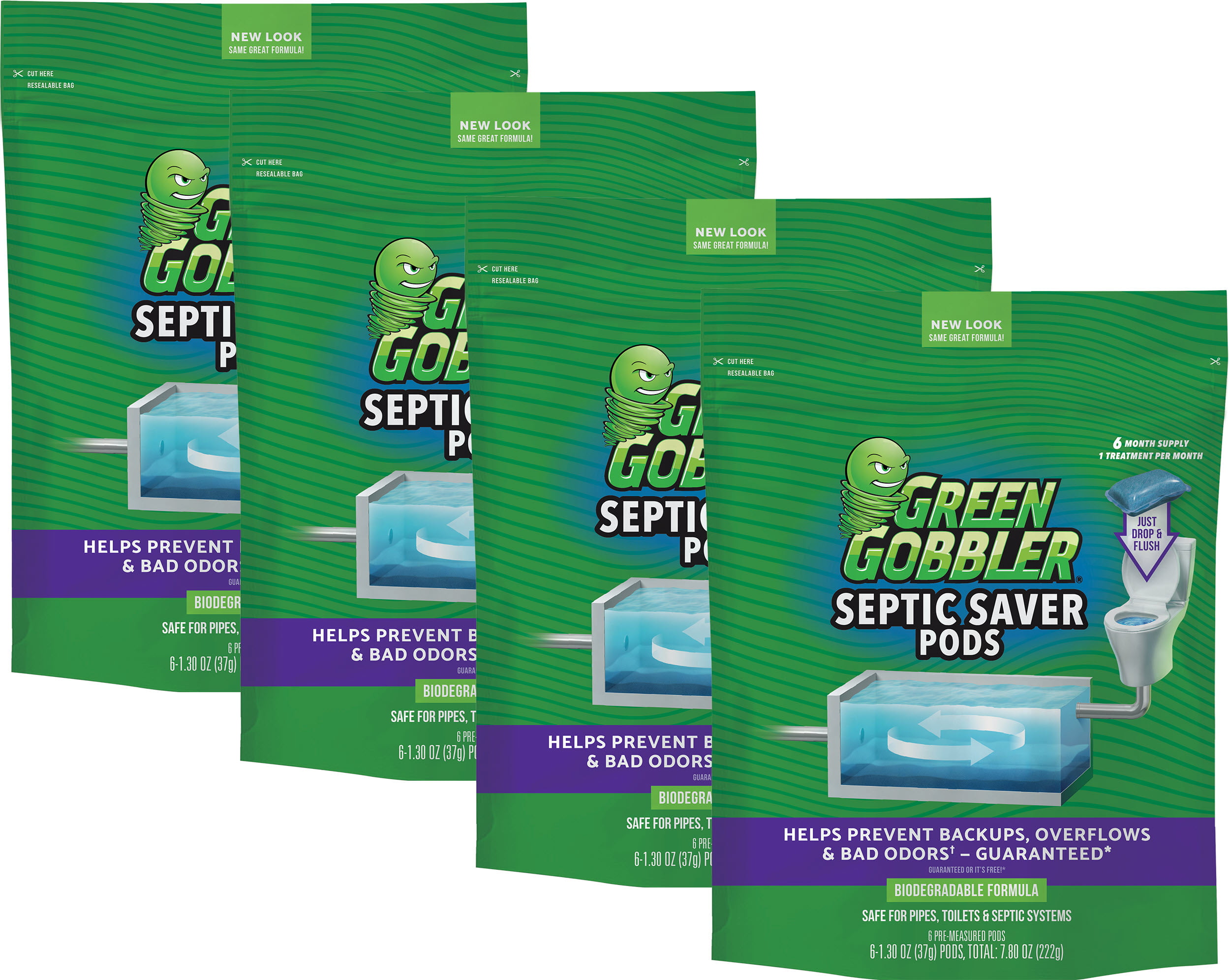 Green Gobbler Septic Saver Bacteria Enzyme Pacs | 2 Year Septic Tank Supply | Septic Tank Teatment Packets | 4 Pack