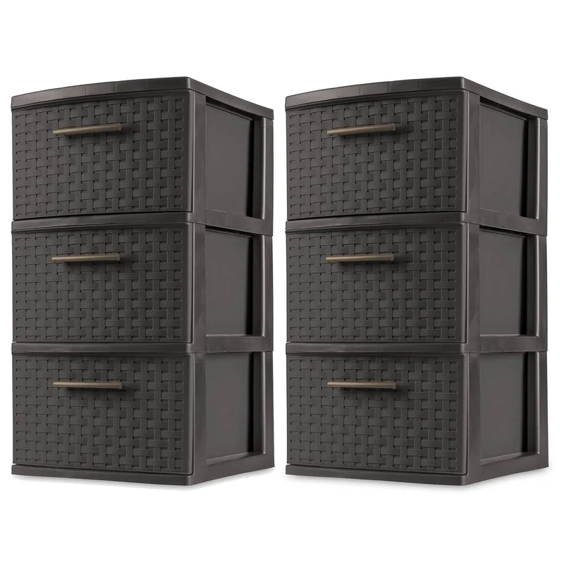 Sterilite 3 Drawer Wicker Weave Decorative Storage Tower. Espresso (2 Pack)