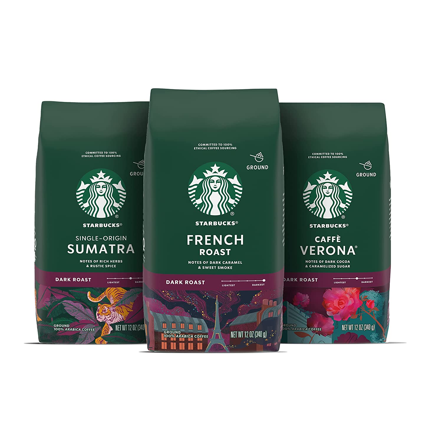 Starbucks Dark Roast Ground Coffee Variety Pack 3 bags (12 oz. each)