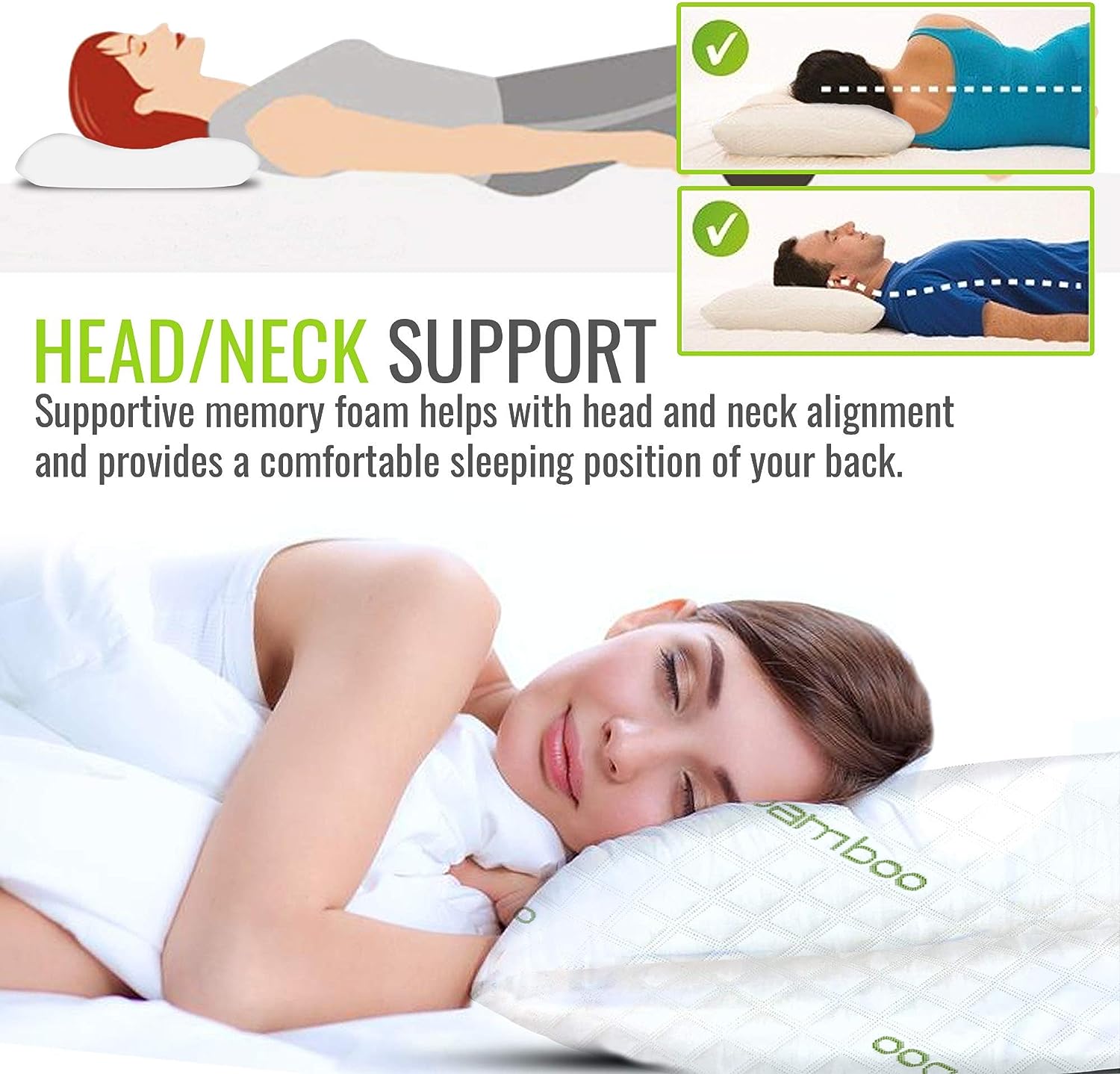 ik Bamboo Pillow - King Size Set of 2 Adjustable Shredded Memory Foam Neck Support Bed Pillow for Side. Back and Stomach Sleepers - Breathable Pillows for Sleeping with Washable Cover