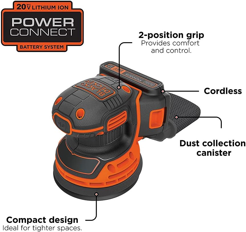 BLACK+DECKER 20V MAX Orbital Sander. Cordless. 12.000 OPM. 2 Sandpaper Sheets. Battery and Charger Included (BDCRO20C)