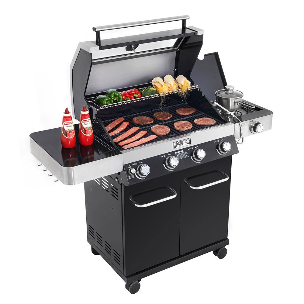 Monument Grills 42538B 4-Burner Propane Gas Grill in Black with ClearView Lid. LED Controls. Side Burner and USB Light