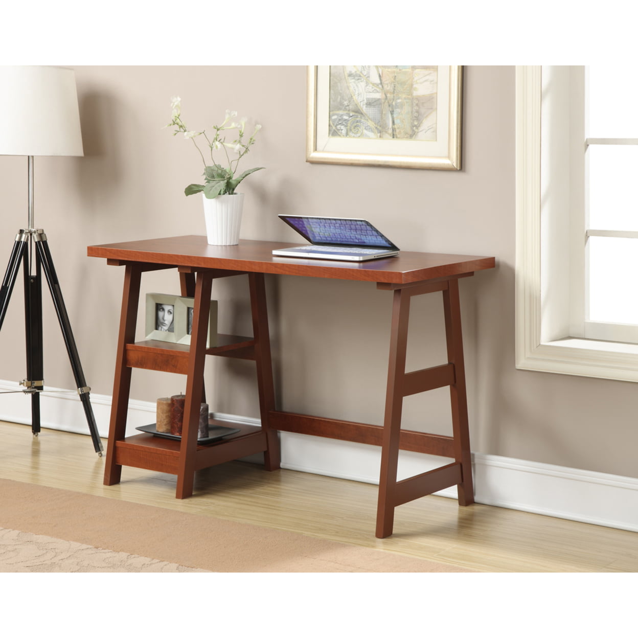 Convenience Concepts Designs2Go Trestle Desk with Shelves. Cherry