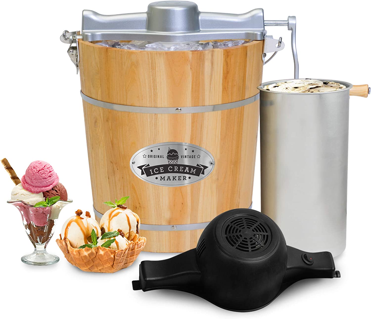 Elite Gourmet Old Fashioned 4 Quart Vintage Appalachian Wood Bucket Electric Ice Cream Maker Machine. Bonus Classic Die-Cast Hand Crank for Churning. Uses Ice and Rock Salt Churns Ice Cream in Minute