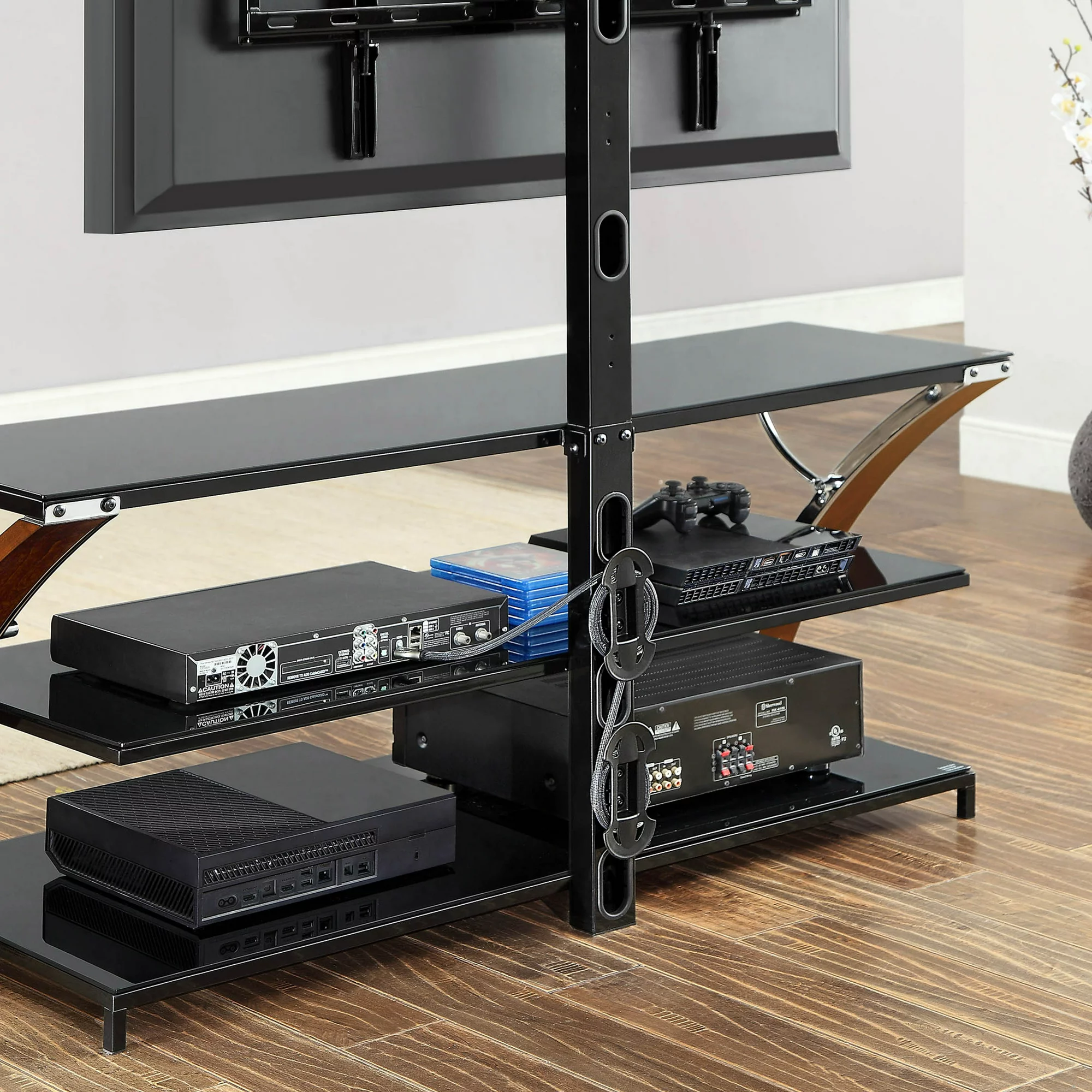 Whalen Payton 3-in-1 Flat Panel TV Stand for TVs up to 65″. Brown Cherry