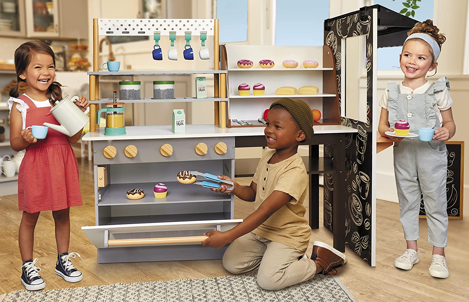 Little Tikes Real Wood Café & Bakery Exclusive Wooden Play Kitchen with Realistic Lights Sounds and Dual-Sided. 20+ Accessories Set- Gift for Kids. Toy for Girls Boys Ages 3 4 5+ Years