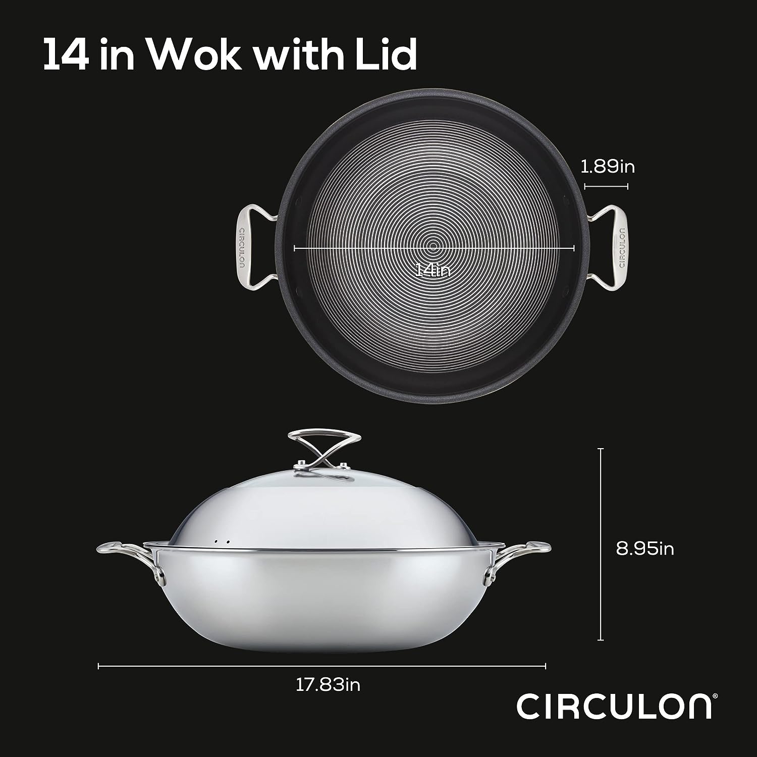 Circulon Clad Stainless Steel Wok/Stir Fry with Glass Lid and Hybrid SteelShield and Nonstick Technology. 14 Inch - Silver