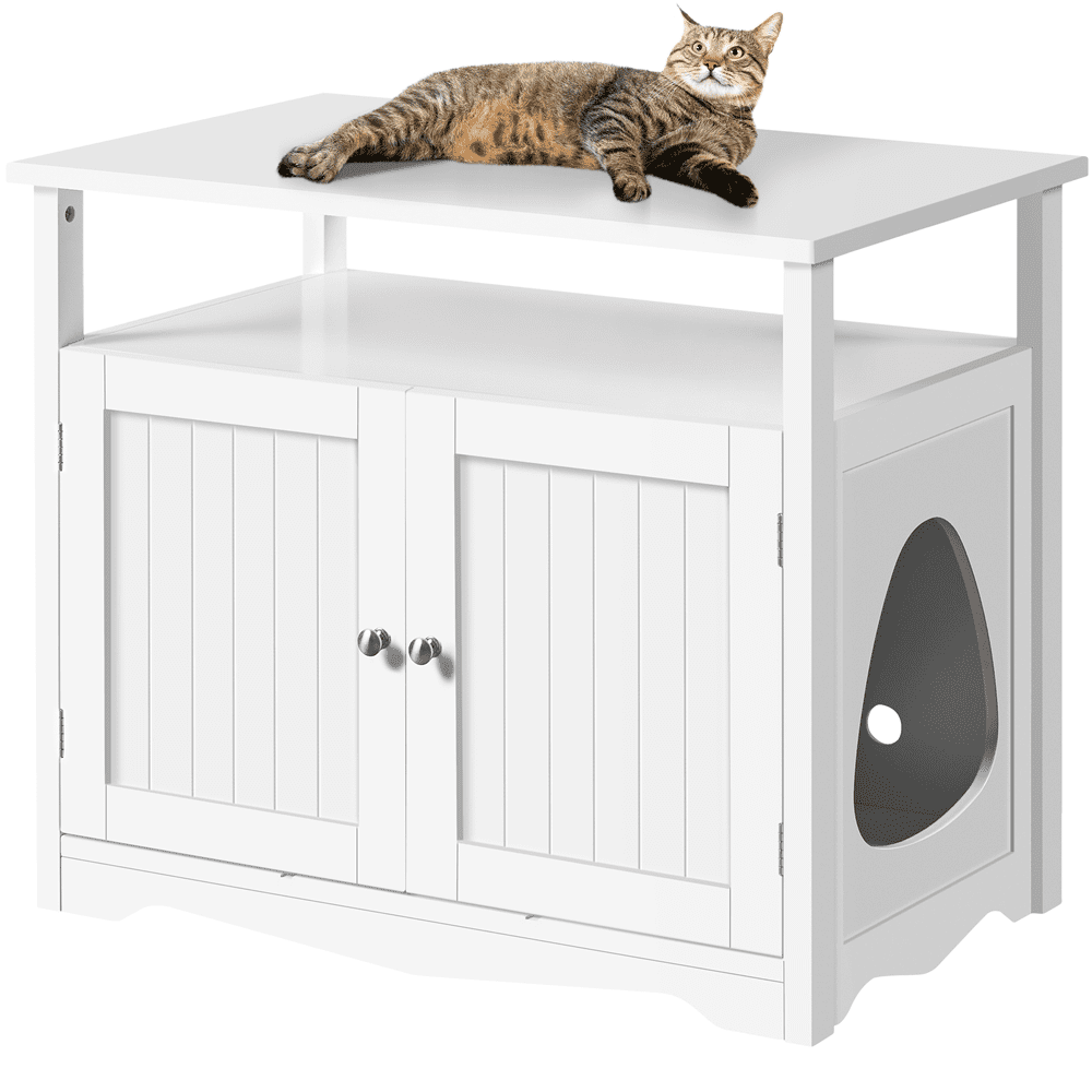 Easyfashion Cat Litter Box End Table with Storage Shelf. White