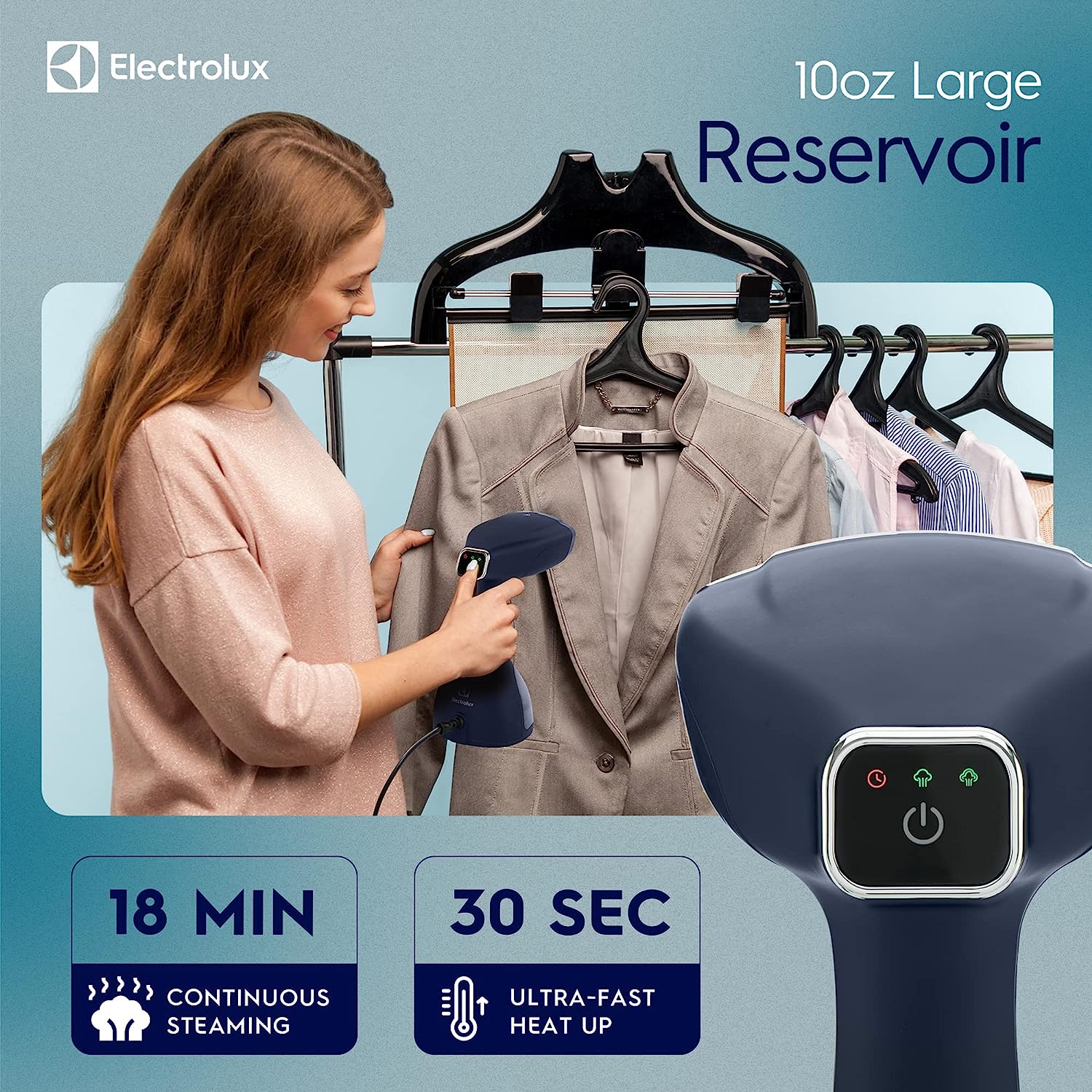 Electrolux Handheld Garment and Fabric Steamer 1500 Watts - Portable Handheld Steamer for Clothes. Wool and Silk with 2-In-1 Lint Brush and Fabric Brush | Powerful 1500W Clothing Steamer to Remove Wrinkles. Blue