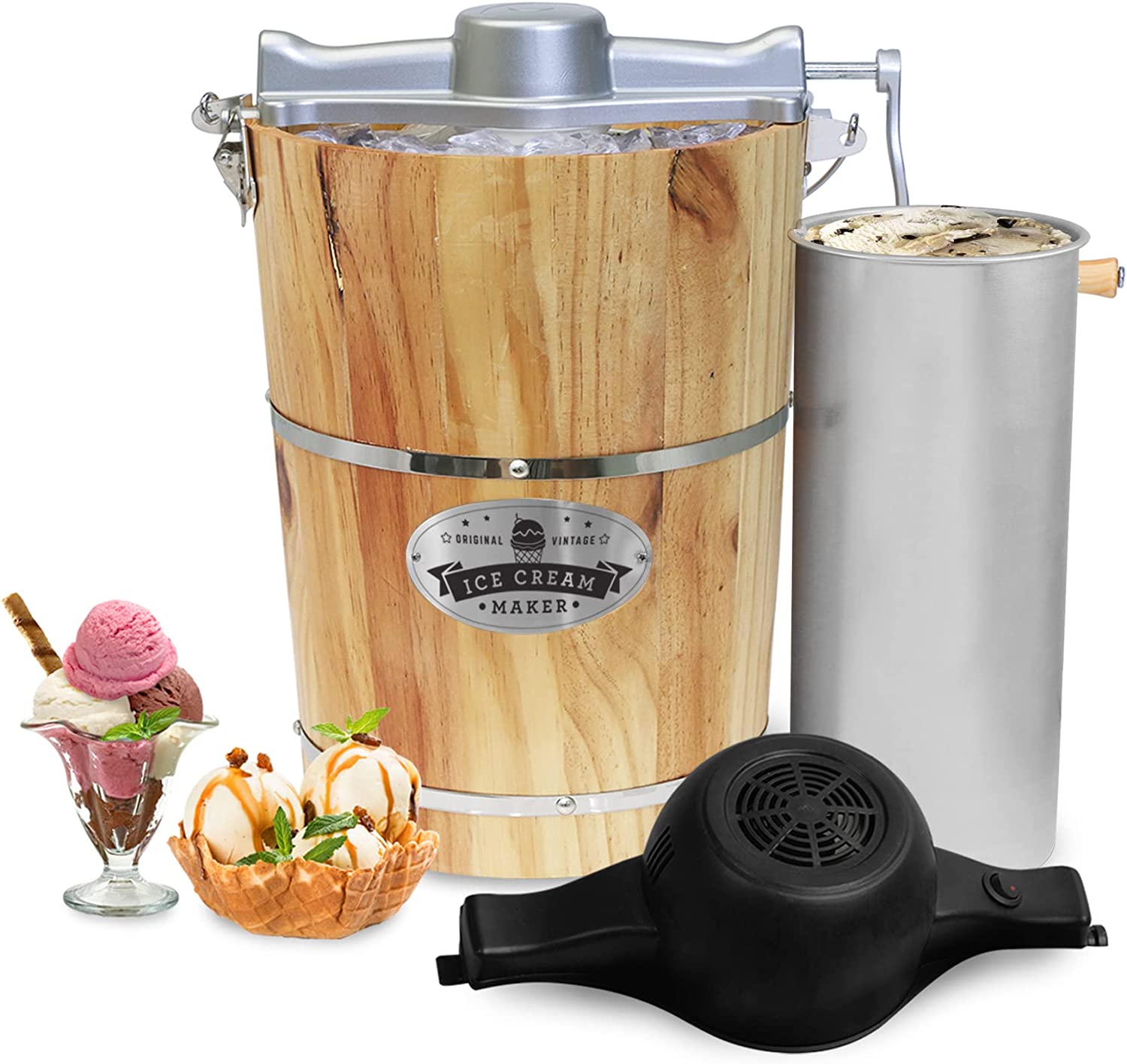 Elite Gourmet Old Fashioned 6 Quart Vintage Wood Bucket Electric Ice Cream Maker Machine Appalachian. Bonus Classic Die-Cast Hand Crank for Churning. Uses Ice and Rock Salt Churns Ice Cream in Minute