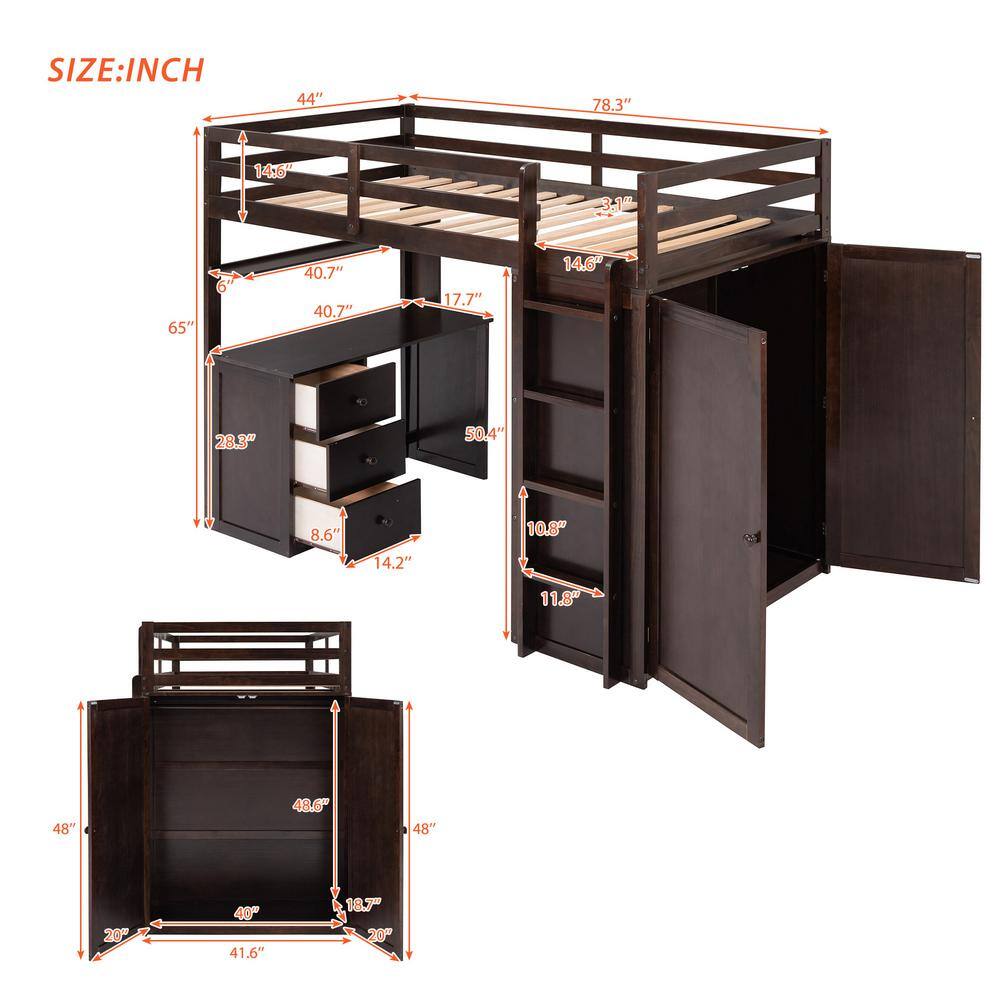 Harper & Bright Designs  Espresso Twin size Loft Bed with Drawers. Desk and Wardrobe