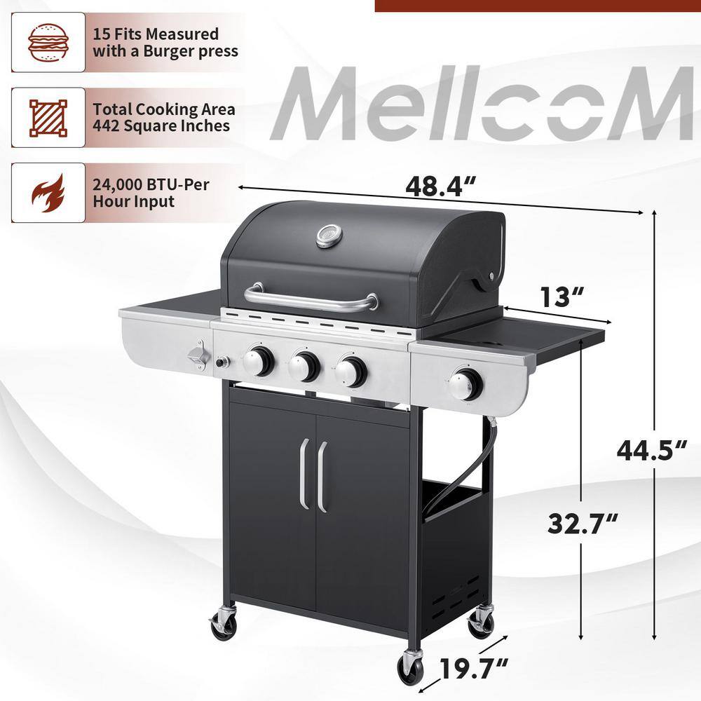 MELLCOM BGGIN0070 4-Burner BBQ Propane Gas Grill. 24.000 Stainless Steel Patio Garden Barbecue Grill in Black