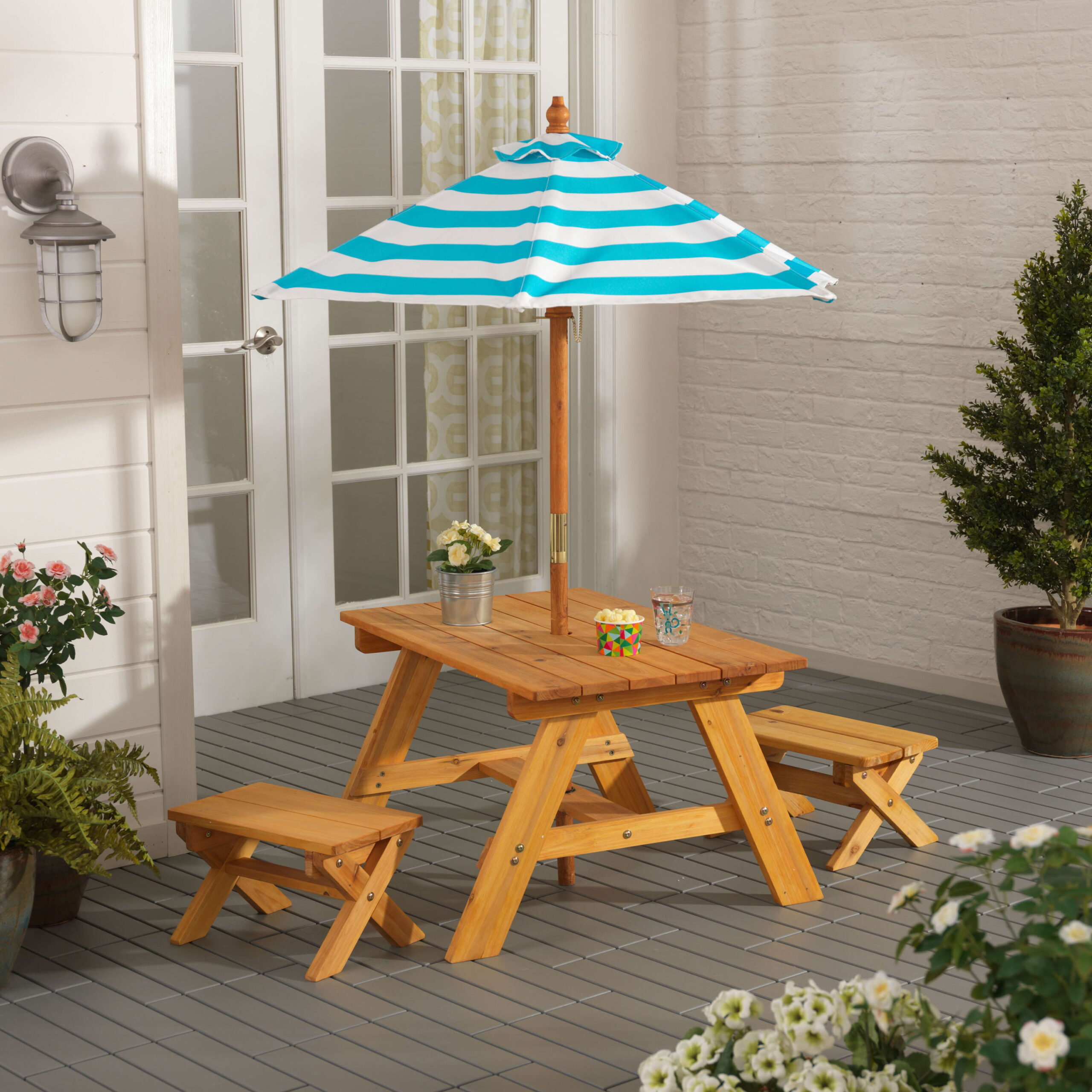 KidKraft Outdoor Wooden Table & Bench Set. Striped Umbrella. Turquoise and White