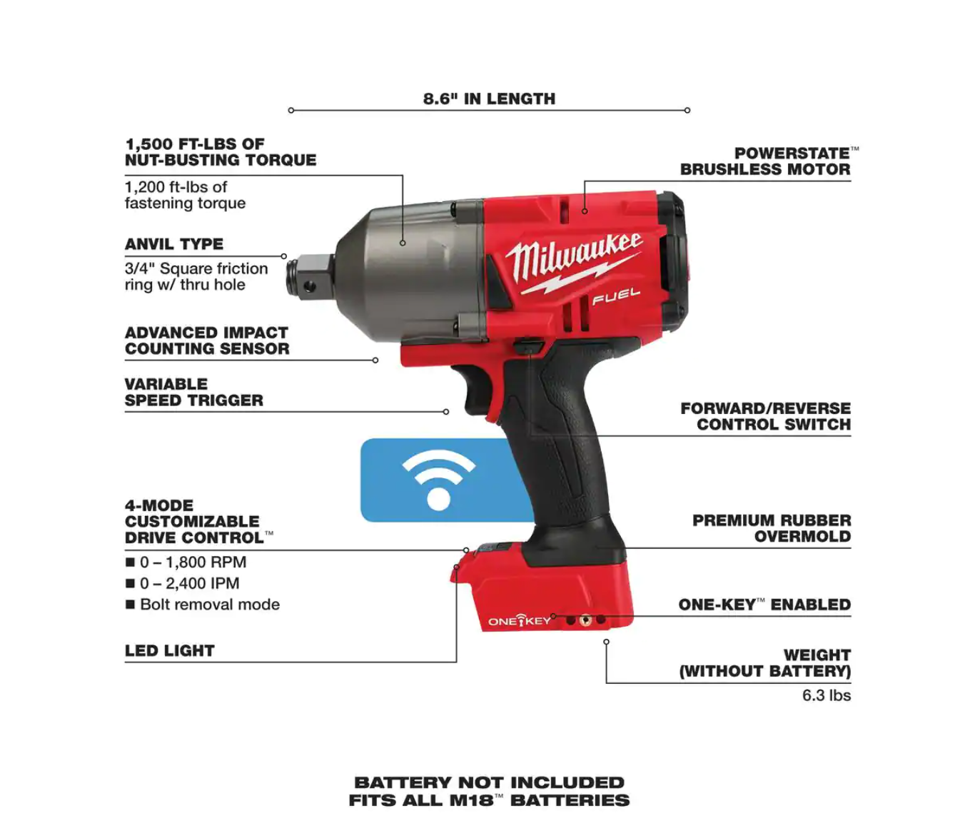 Milwaukee 2864-20 M18 FUEL ONE-KEY 18V Lithium-Ion Brushless Cordless 3/4 in. Impact Wrench with Friction Ring (Tool-Only)