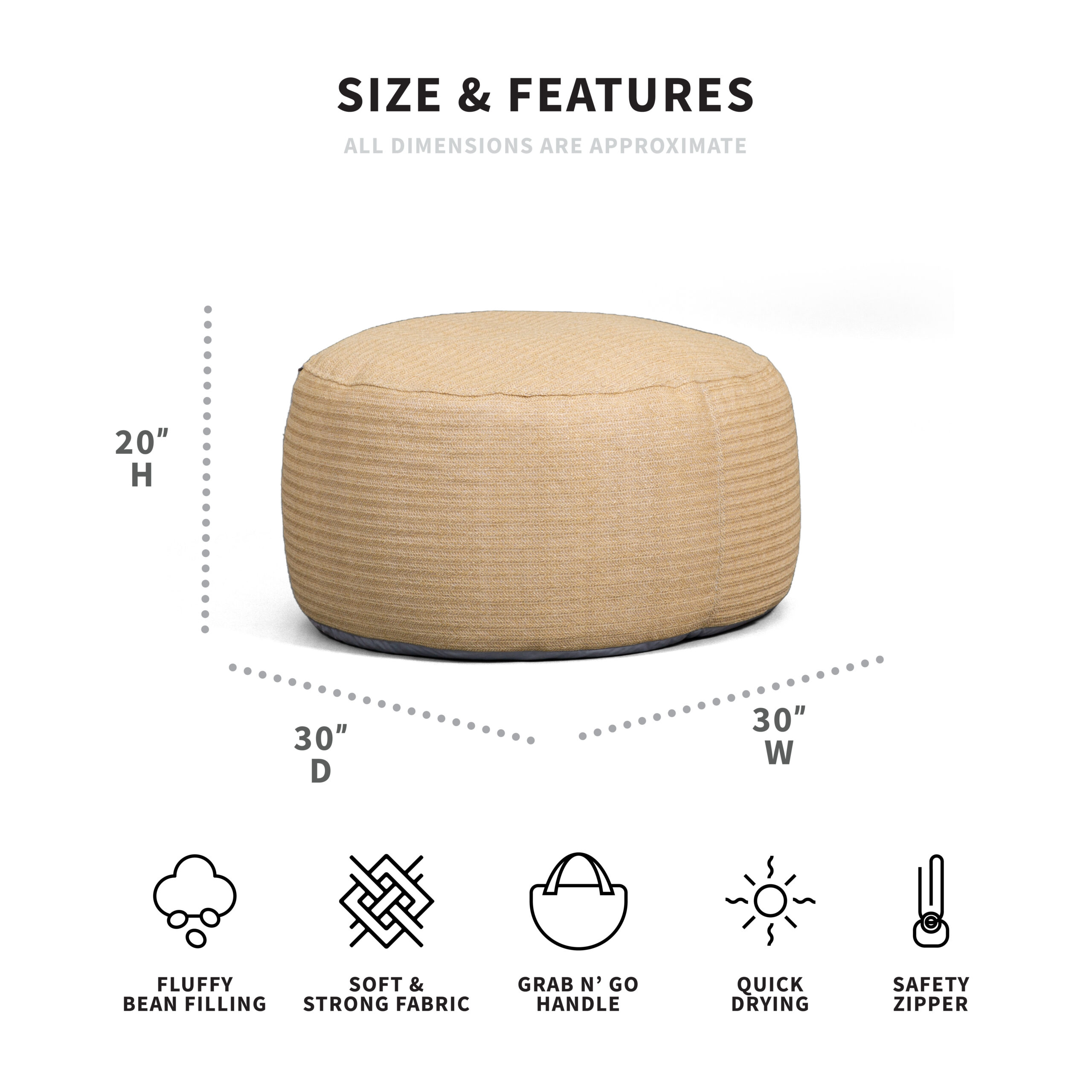 Big Joe Round Ottoman Bean Bag Footrest. Natural Basket Weave. Weather Resistant Fabric. 2.5 Feet