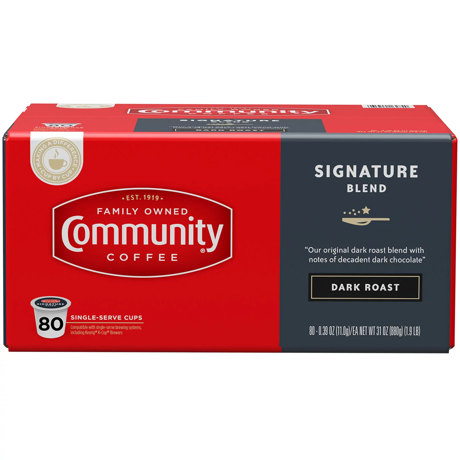 Community Coffee Signature Blend 80 Count Coffee Pods. Dark Roast. Compatible with Keurig 2.0 K-Cup Brewers. Box of 80 Pods