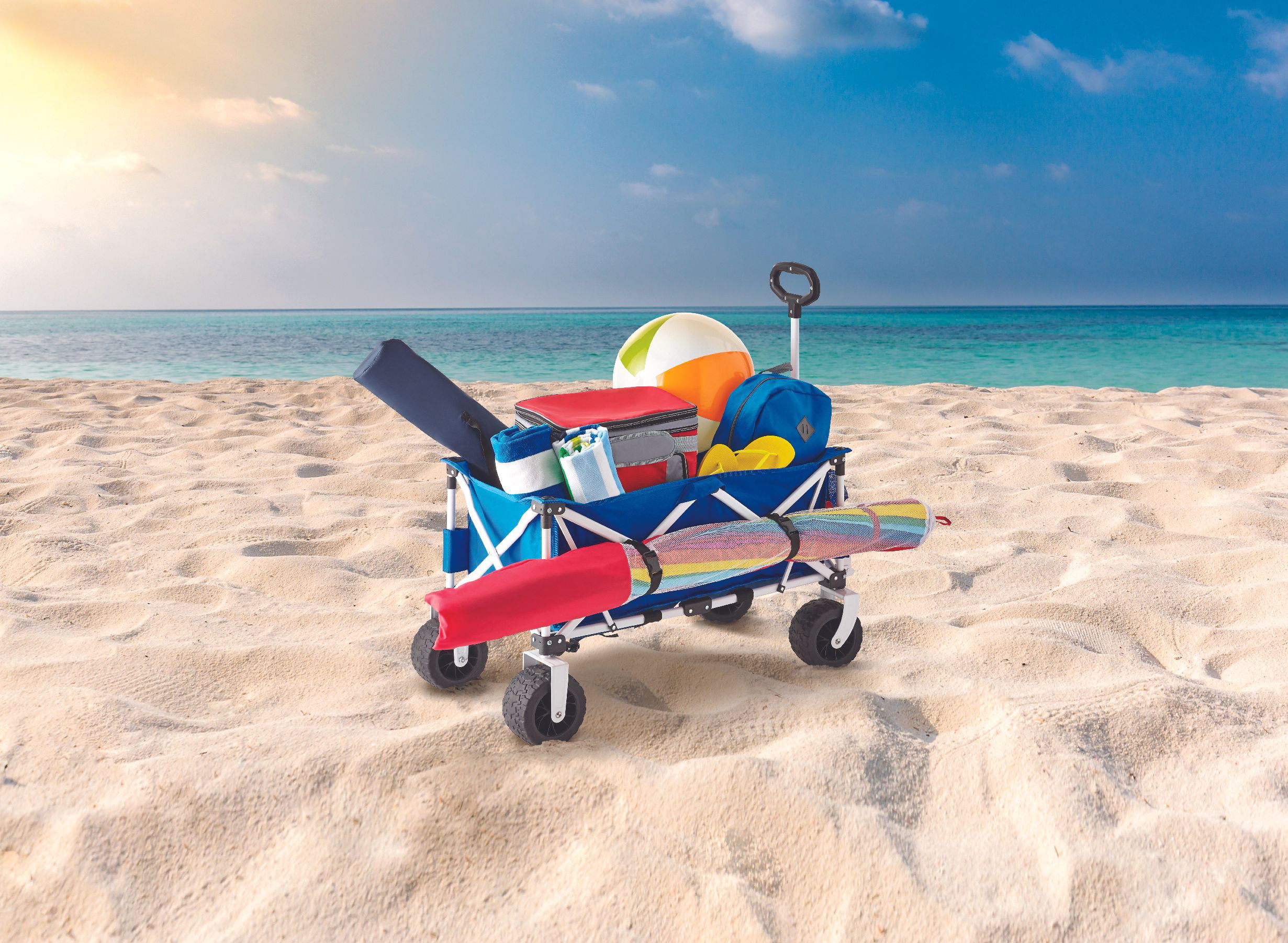 Mainstays Folding All-Terrain Wide-Track Wheeled Beach Wagon. Blue