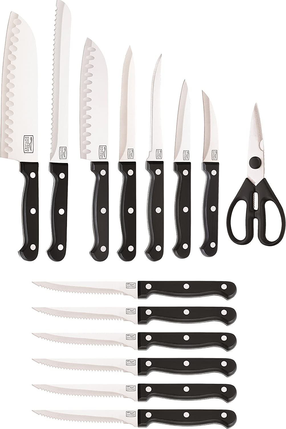 Chicago Cutlery Essentials 15 Piece Stainless Steel Kitchen Knife Set with Shears. Paring. Fruit. Utility. Santoku. Bread. and Steak Knives. Knife Set for the Kitchen with Block