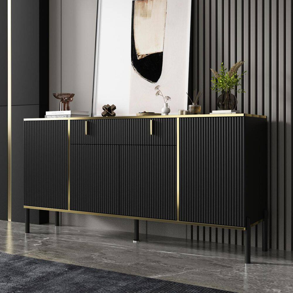 FUFU&GAGA  Black Wavy Paint Finish 1-Touch Doors Accent Storage Cabinet With Adjustable Shelves and 2-Drawers