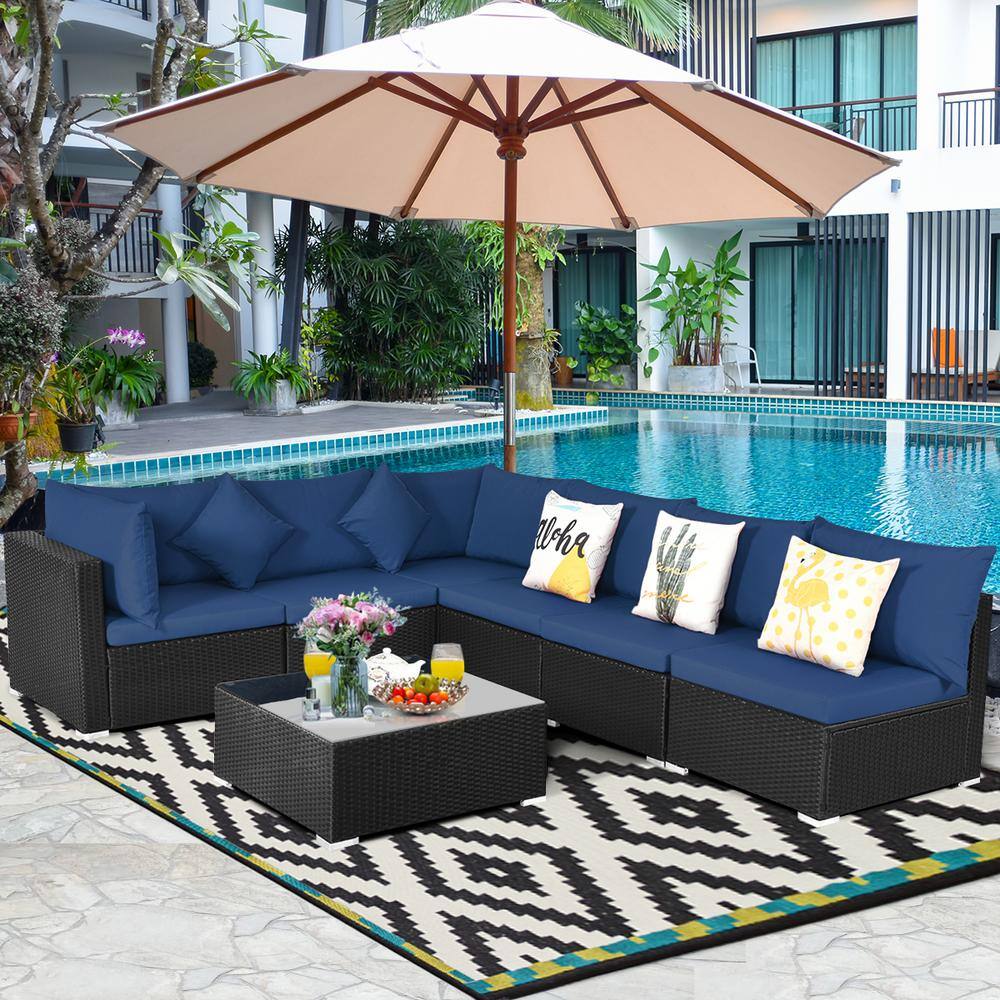 Costway  7-Piece Wicker Outdoor Sectional Set with Cushion Navy