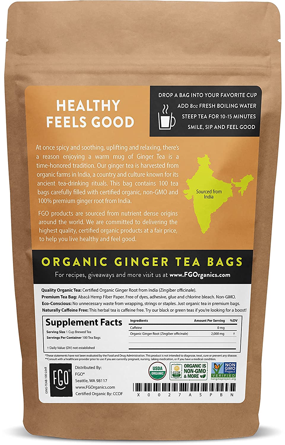 FGO Organic Ginger Tea Bags 100 Tea Bags Eco-Conscious Tea Bags in Kraft Bag Raw from India