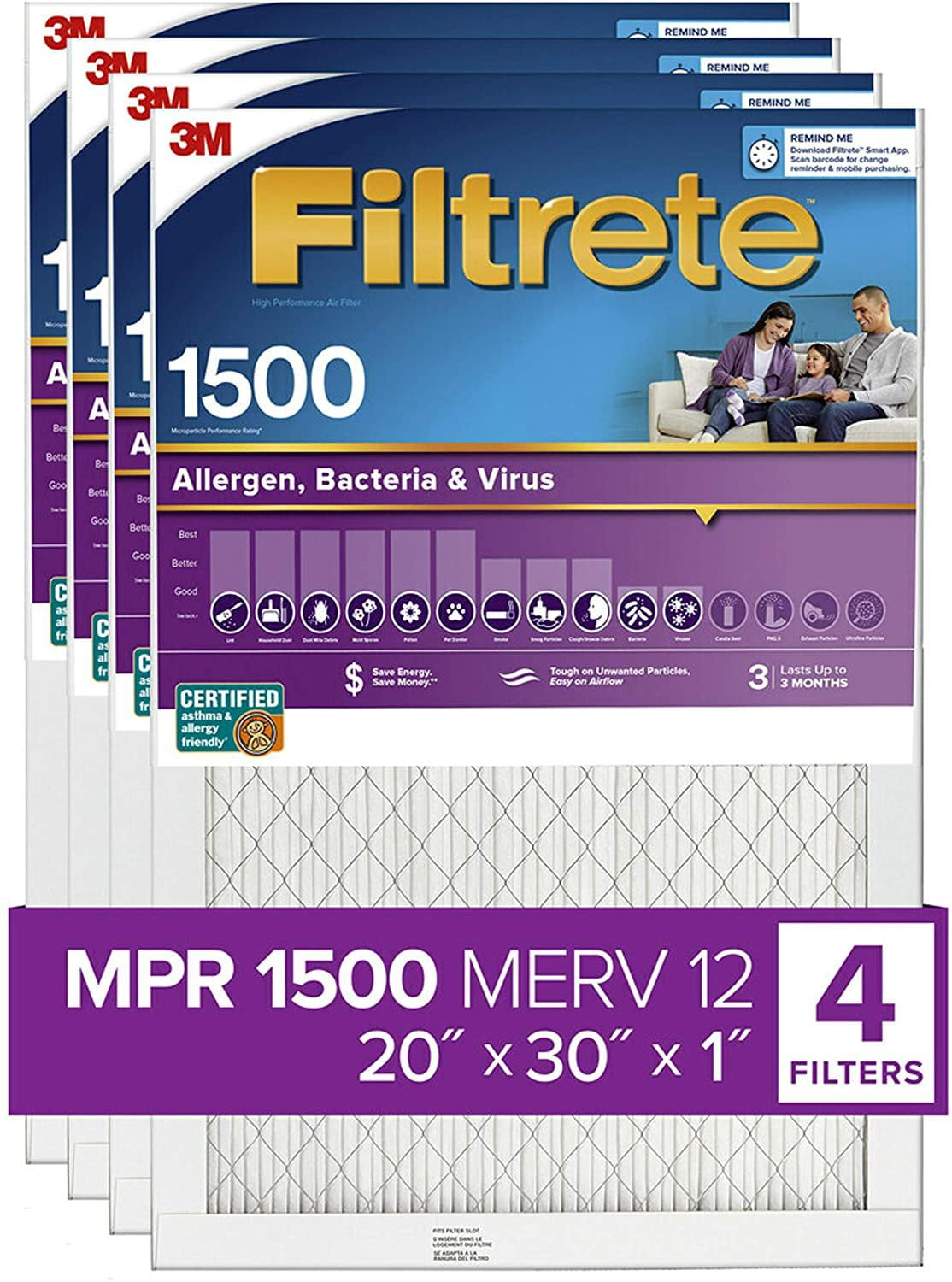 Filtrete 20x30x1. AC Furnace Air Filter. MPR 1500. Healthy Living Ultra Allergen. 4-Pack exact dimensions 19.84 x 29.84 x 0.78
