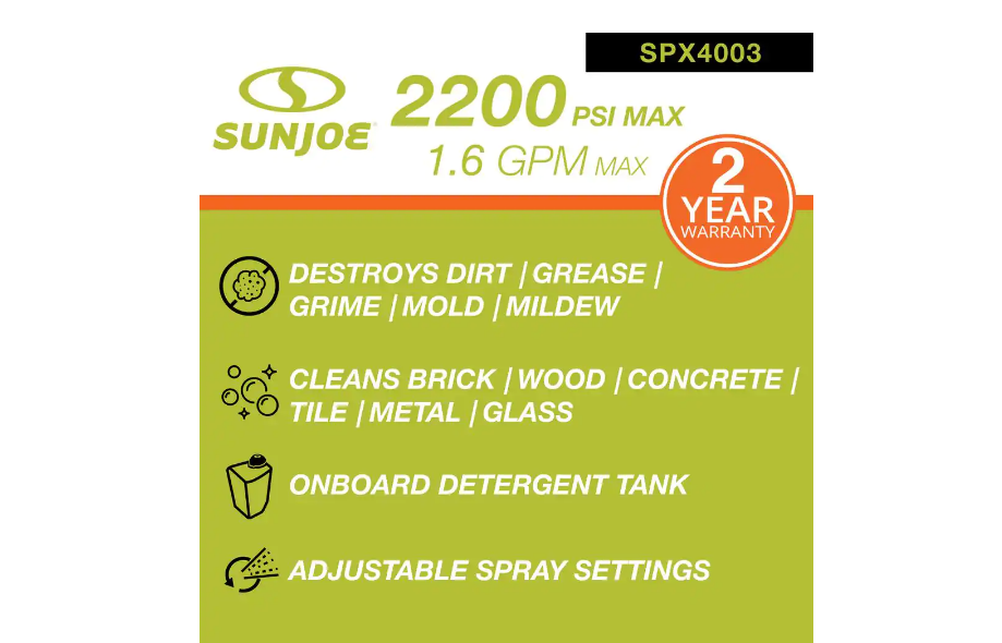 Sun Joe SPX4003 2200 MAX PSI 1.6 GPM 14.5 Amp Electric Pressure Washer