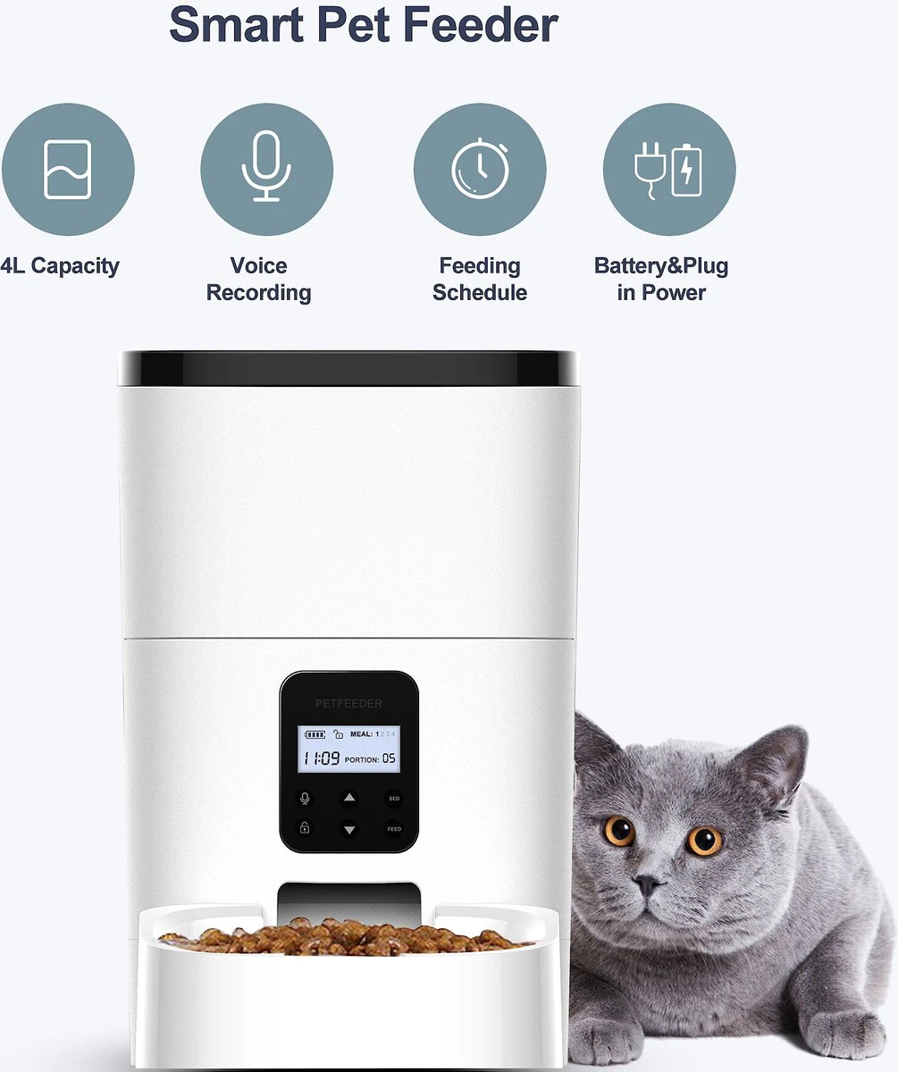 Petdiary Automatic Dog & Cat Feeder. White. Medium