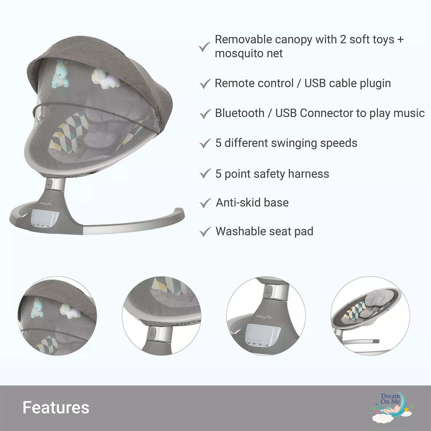 Zazu Cradling Swing by Dream On Me. Grey and Blue