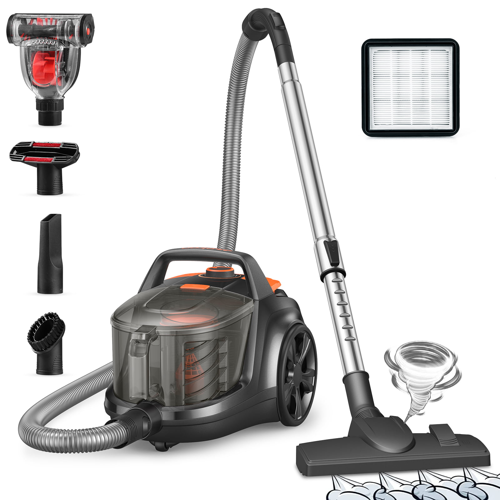 Aspiron Canister Vacuum Cleaner. 1200W Lightweight Bagless Vacuum Cleaner. 3.7QT Large Dust Cup. Automatic Cord Rewind. 5 Tools. HEPA Filter. Variable Speed Portable Vacuum for Hard Floors. Car. Pet