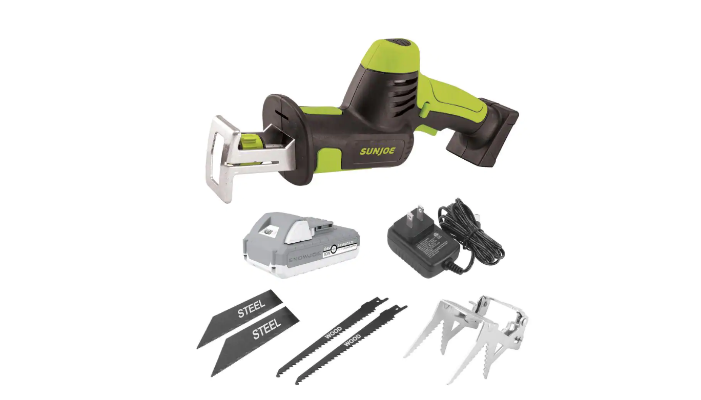 Sun Joe 24V-MPSWVG-LTE-SJG 24-Volt iON+ Cordless All-Purpose Reciprocating Saw Kit with 2.0 Ah Battery Plus Charger