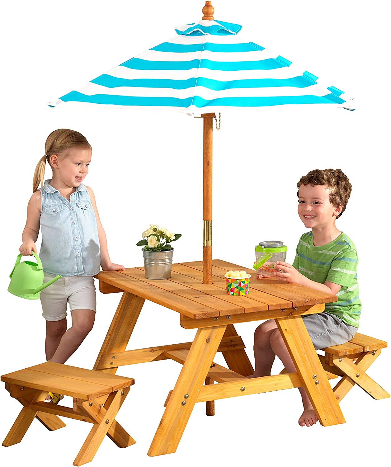 KidKraft Outdoor Wooden Table & Bench Set with Striped Umbrella. Children-s Backyard Furniture. Turquoise and White. Gift for Ages 3-8