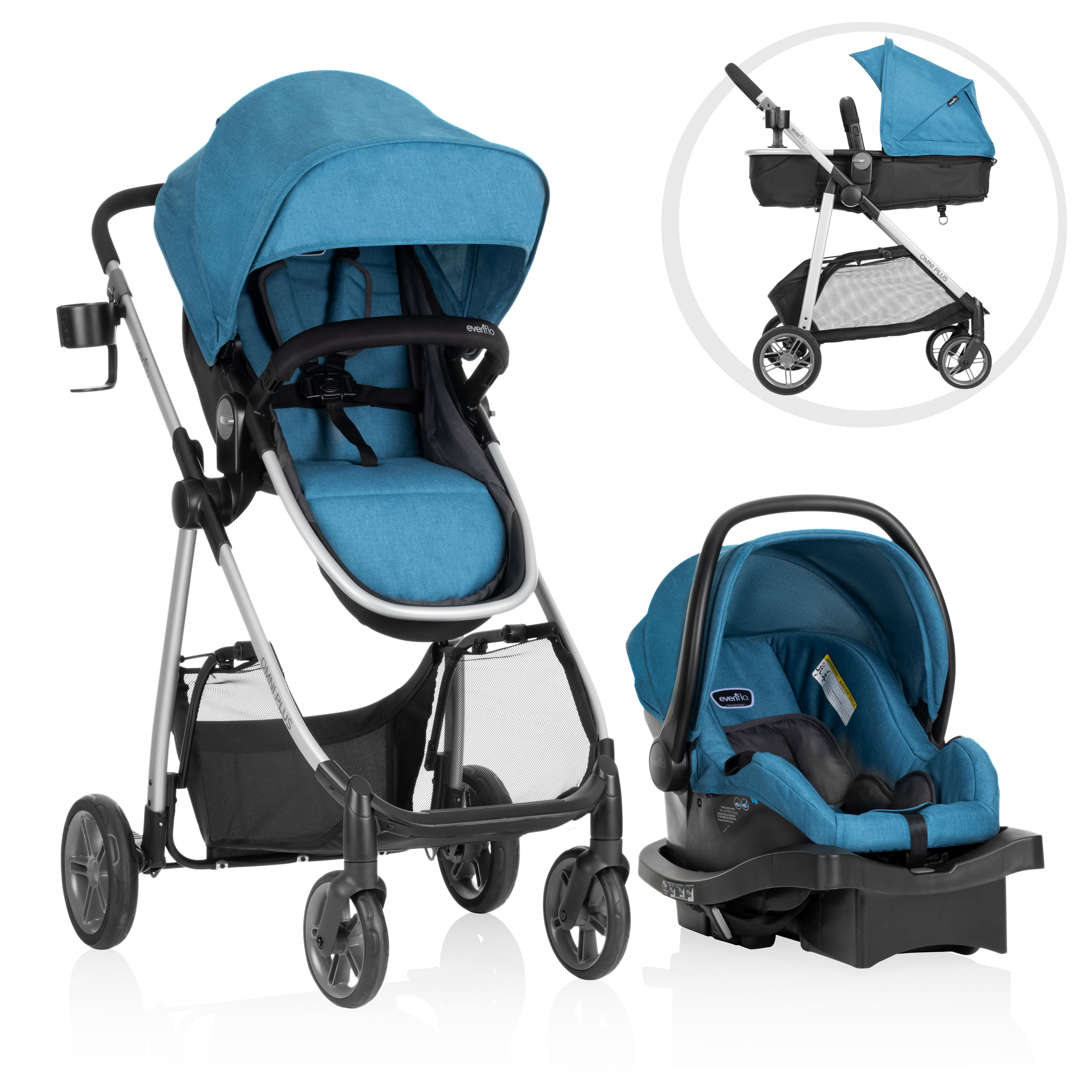 Evenflo Omni Plus Modular Travel System with LiteMax Sport Rear-Facing Infant Car Seat. Tazi Blue