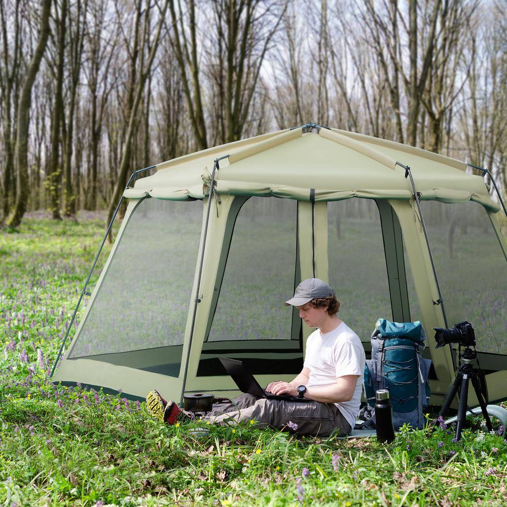 Outsunny A20-276 Army Green 8-10 Person Steel Hexagon Camping Tent with Weatherproof Cover
