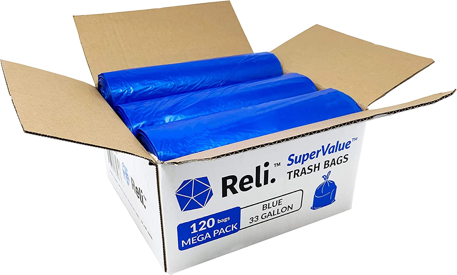 Reli. SuperValue 33 Gallon Recycling Bags (120 Count) Blue Trash Bags 30 Gallon - 33 Gallon Garbage Bags. (Made in USA) Recycling Bags 33 Gallon with 30 Gal. 33 Gal. 35 Gal Capacity