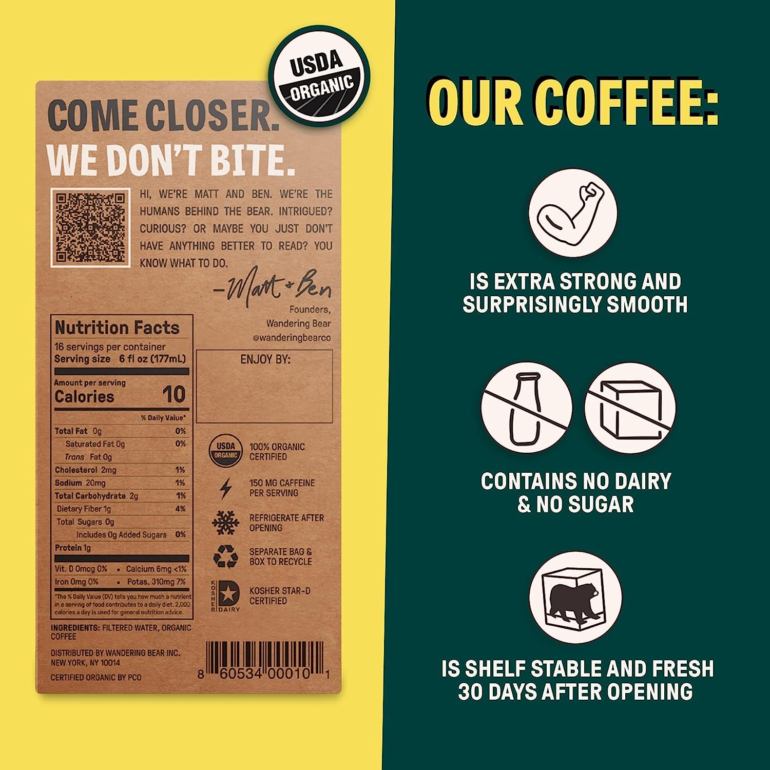 Wandering Bear Organic Straight Black Cold Brew Coffee On Tap. 96 fl oz - Extra Strong. Smooth. Unsweetened. Shelf-Stable. and Ready to Drink Iced Coffee. Cold Brewed Coffee. Cold Coffee